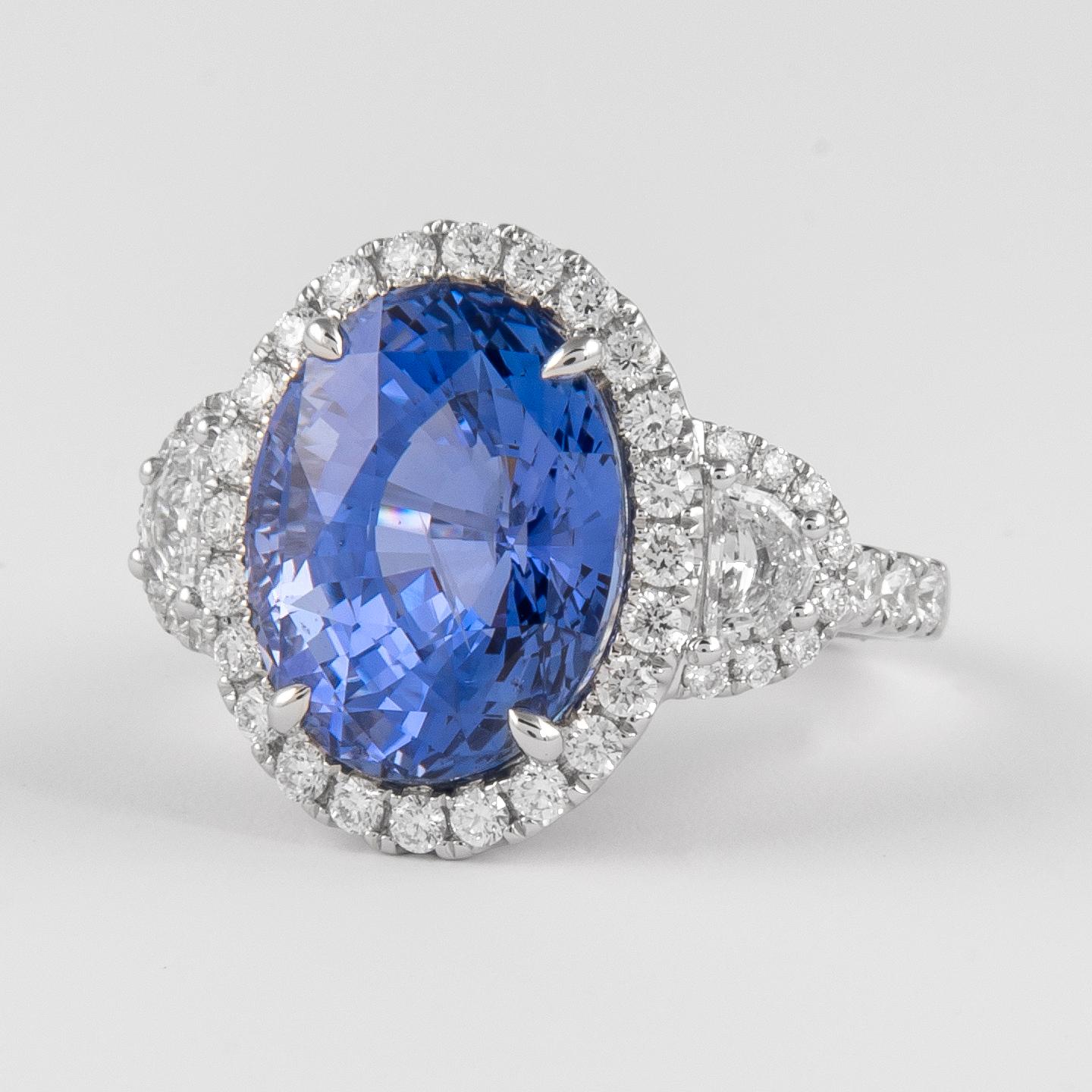 Contemporary Alexander GIA 12.05ct Ceylon Sapphire No-Heat & Diamond Three Stone Halo Ring For Sale