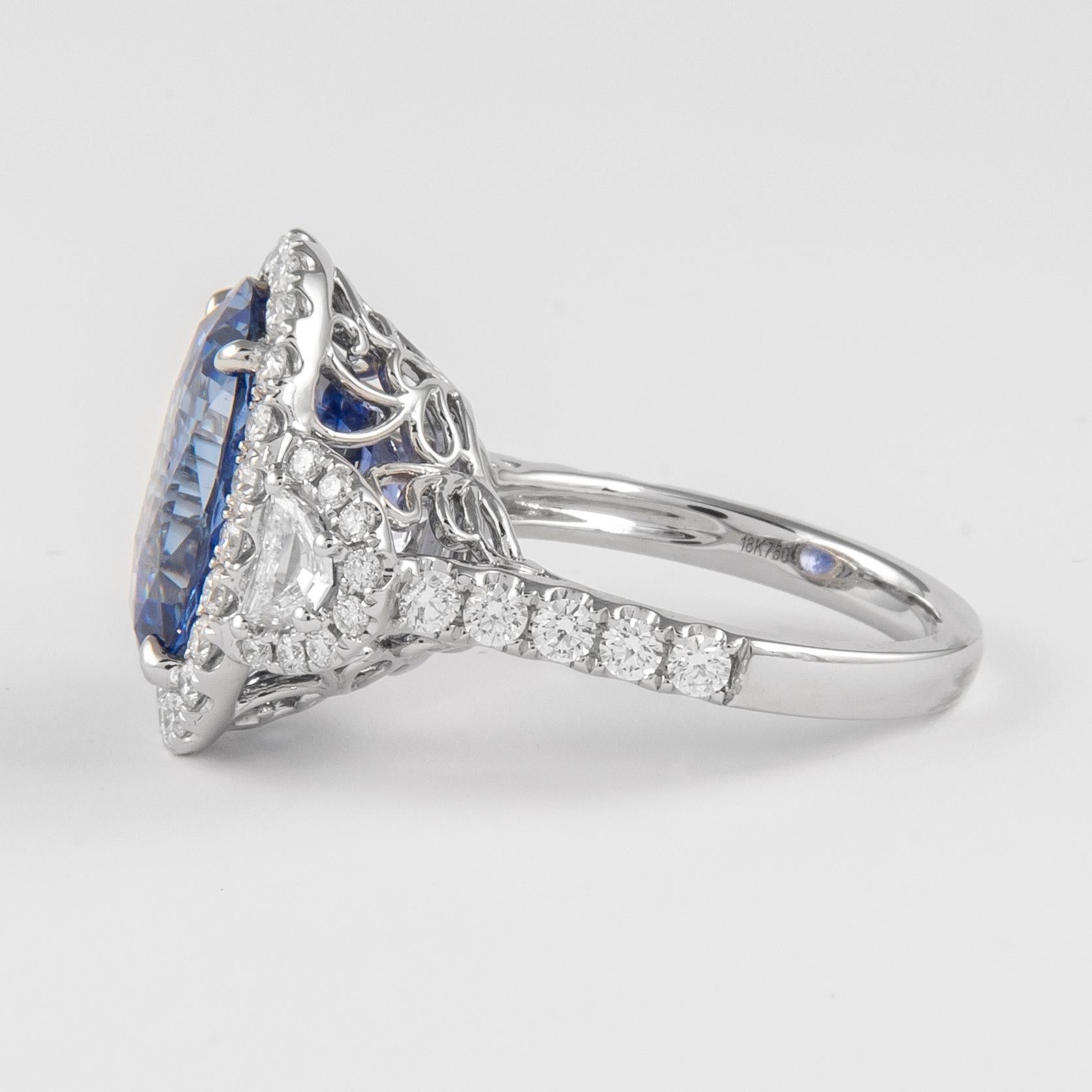 Oval Cut Alexander GIA 12.05ct Ceylon Sapphire No-Heat & Diamond Three Stone Halo Ring For Sale
