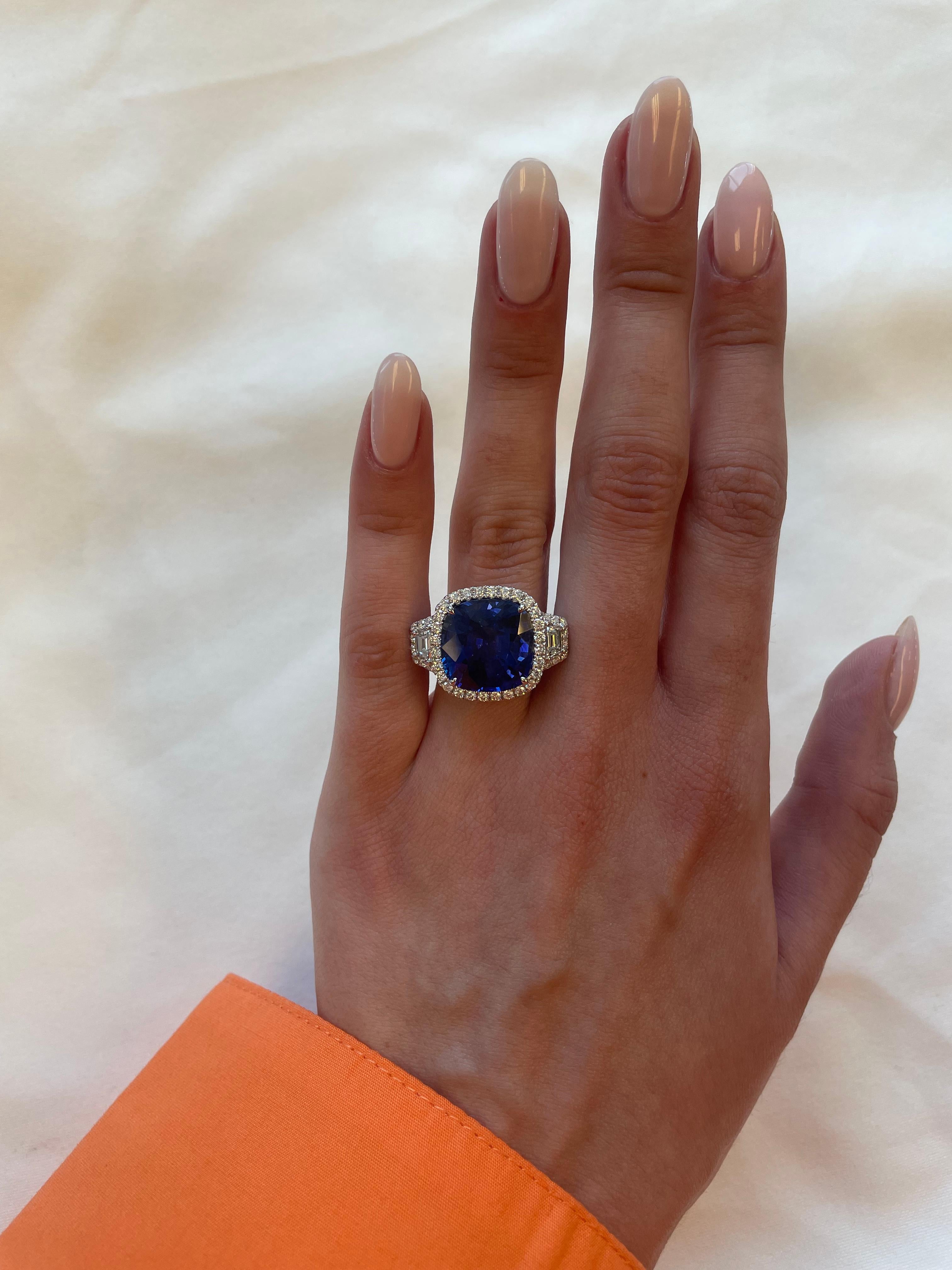 Stunning Ceylon sapphire of superb color and diamond halo ring, GIA certified. High jewelry by Alexander Beverly Hills. 
13.60 carats total gemstone weight.
GIA certified 12.08 carat cushion sapphire (faces up like a 18ct), Sri Lanka (Ceylon)