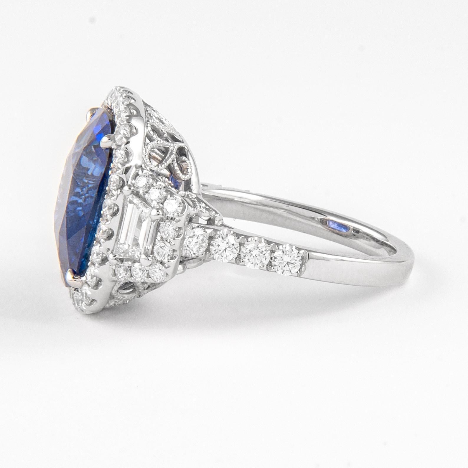 Alexander GIA 12.08ct Ceylon Sapphire with Diamond Three Stone Halo Ring 18k In New Condition For Sale In BEVERLY HILLS, CA
