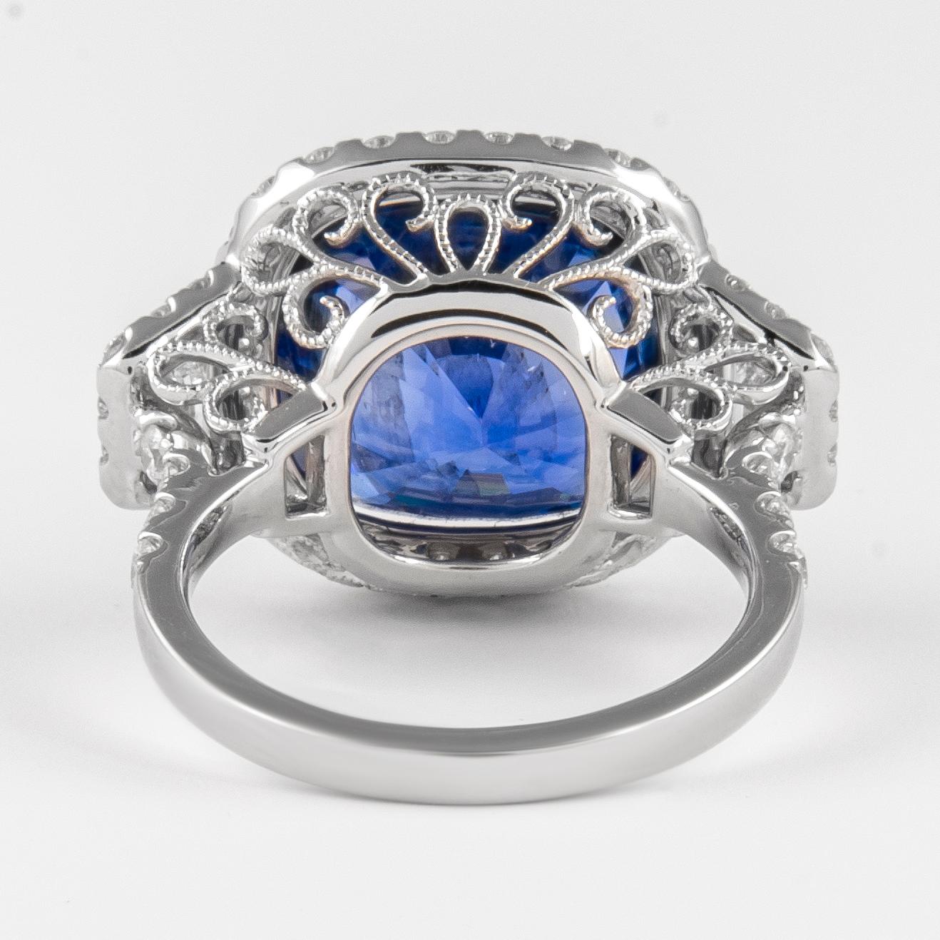 Women's Alexander GIA 12.08ct Ceylon Sapphire with Diamond Three Stone Halo Ring 18k For Sale