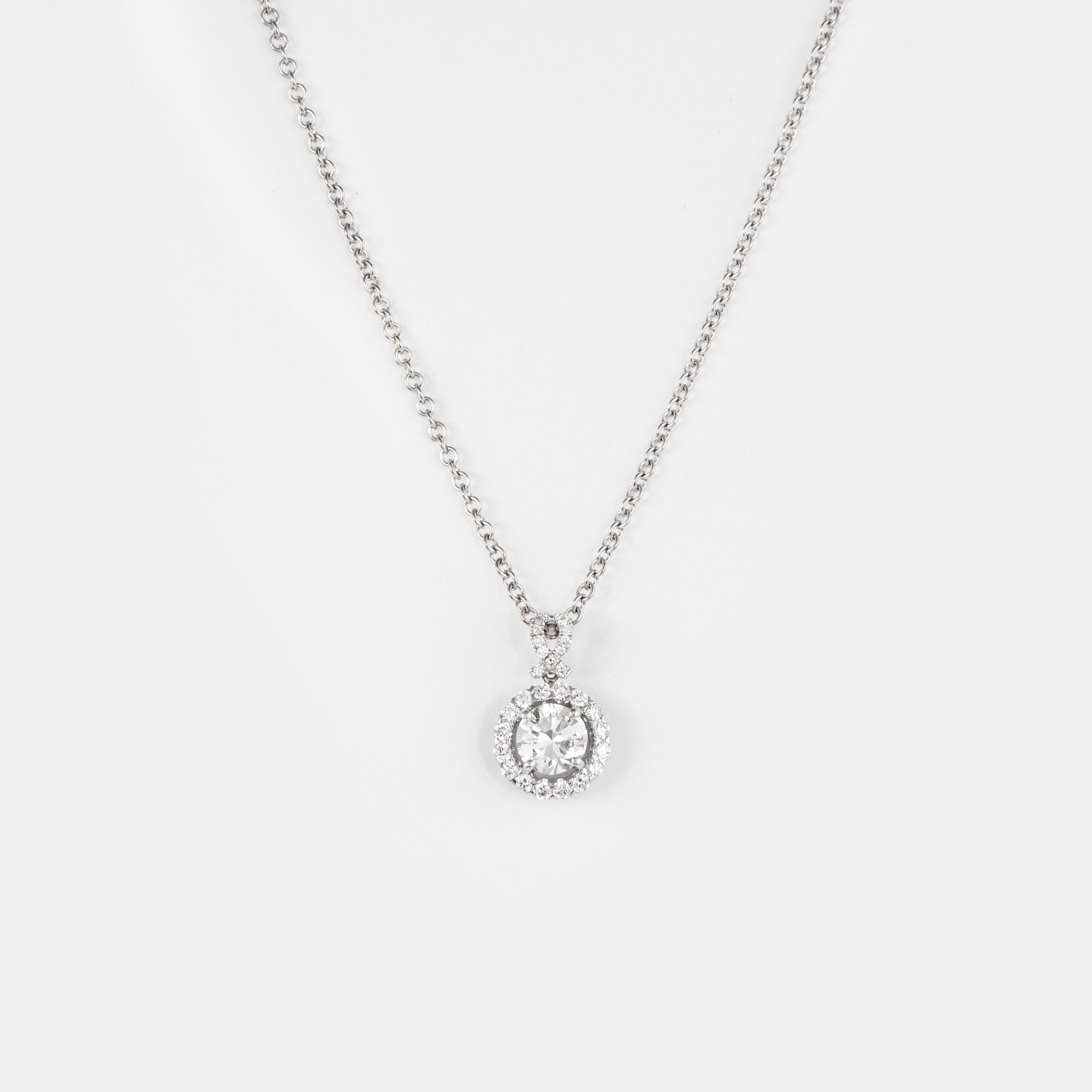 Modern Alexander 1.22ct Round Diamond with Halo 18k White Gold Pendant Necklace