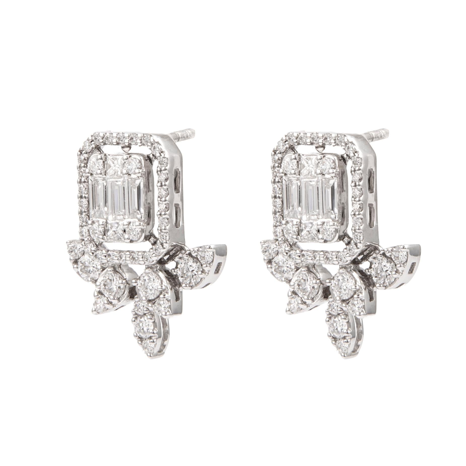 Baguette Cut Alexander 1.23ct Illusion Set Diamond Stud Earrings with Halo 18k White Gold