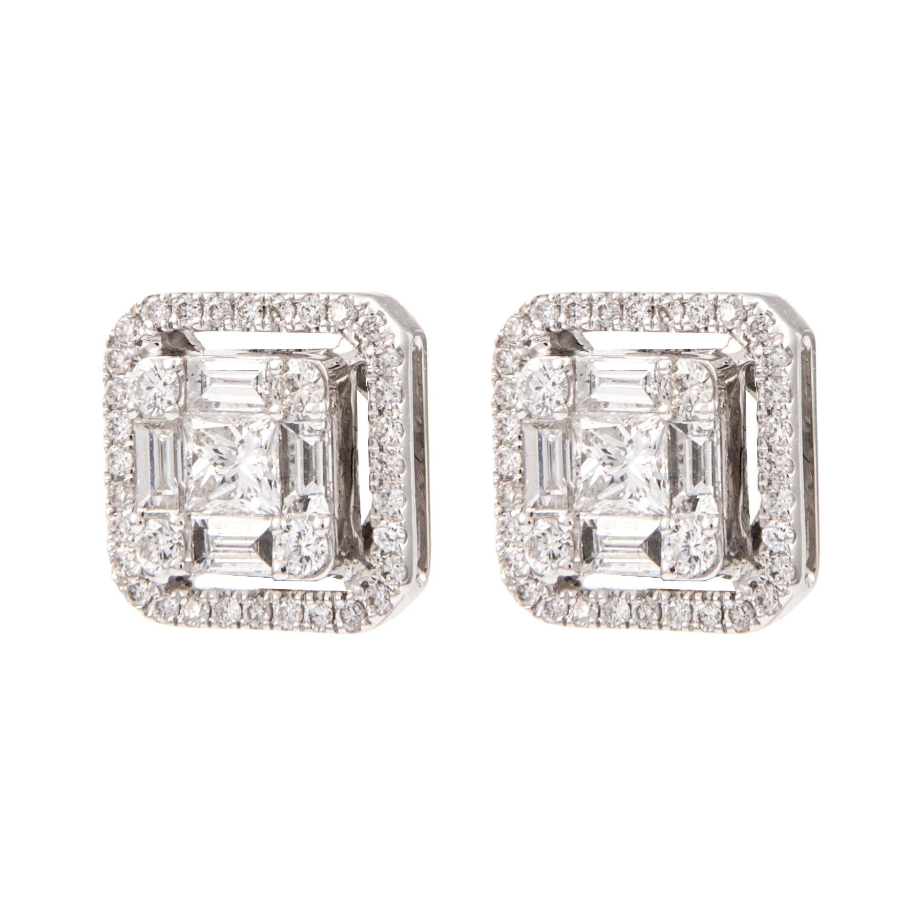 Modern Alexander 1.29ct Illusion Set Diamond Stud Earrings with Halo 18k White Gold For Sale