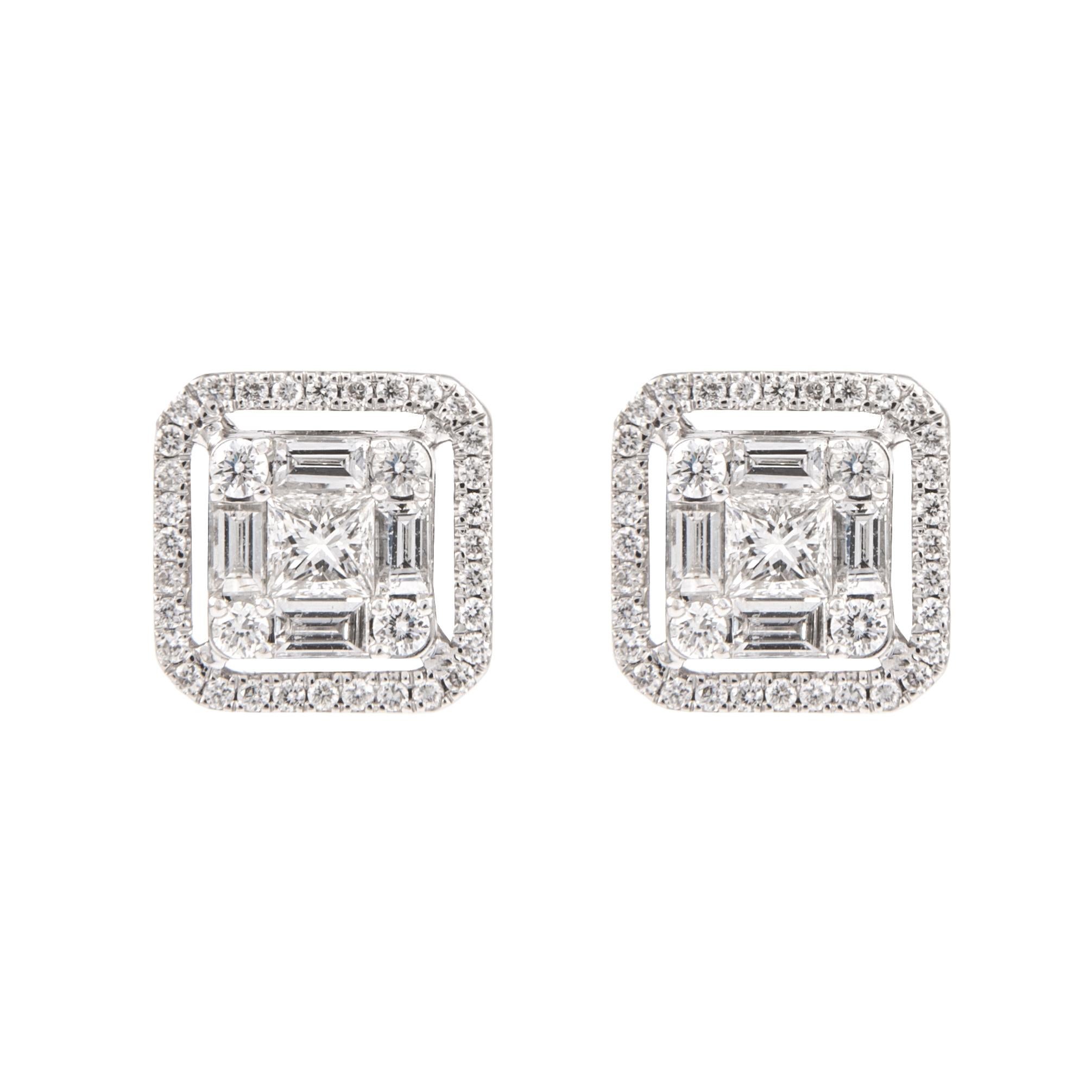 Baguette Cut Alexander 1.29ct Illusion Set Diamond Stud Earrings with Halo 18k White Gold For Sale