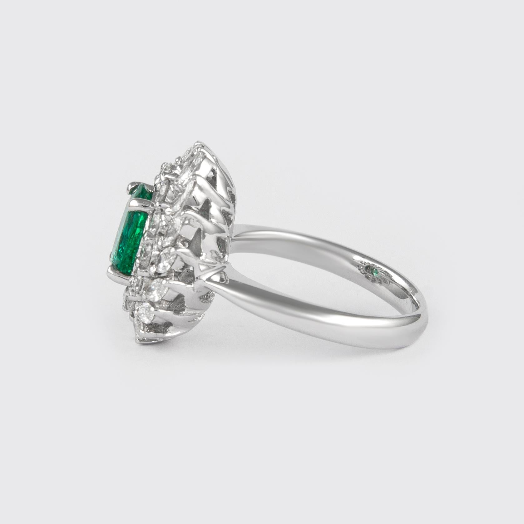 Modern Alexander 1.30 Carat Emerald with Double Diamond Halo Ring 18 Karat White Gold For Sale