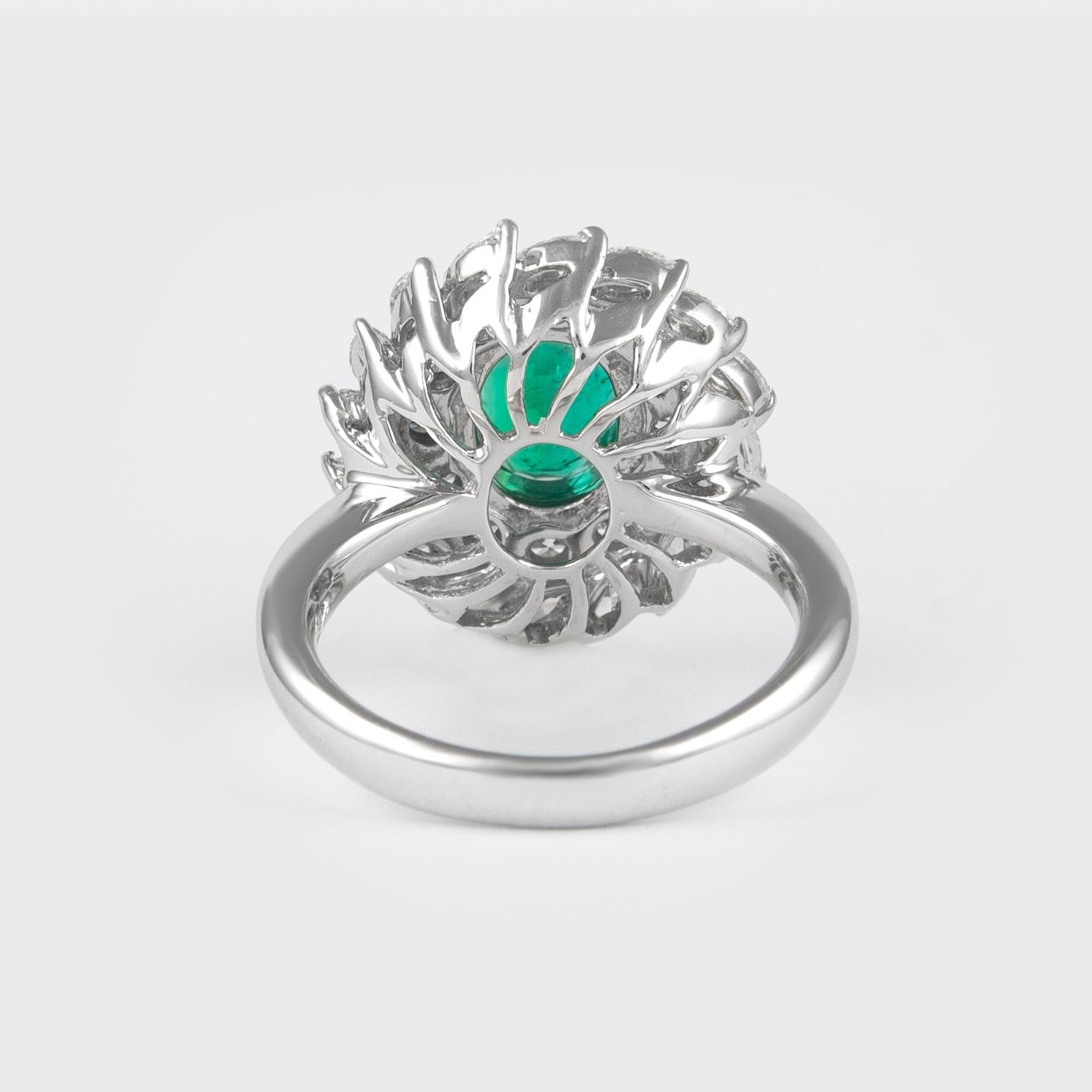 Oval Cut Alexander 1.30 Carat Emerald with Double Diamond Halo Ring 18 Karat White Gold For Sale