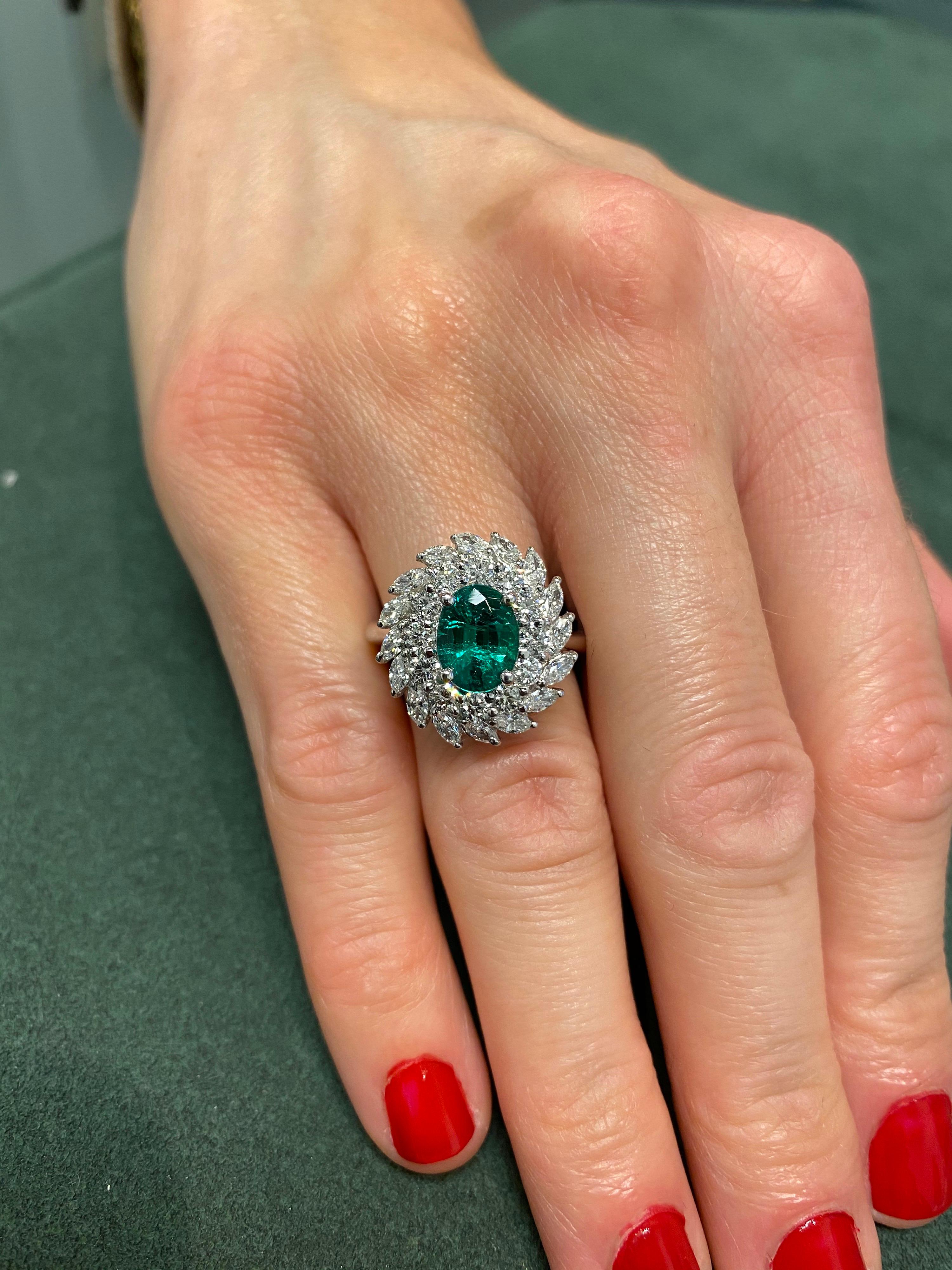 Alexander 1.30 Carat Emerald with Double Diamond Halo Ring 18 Karat White Gold In New Condition For Sale In BEVERLY HILLS, CA