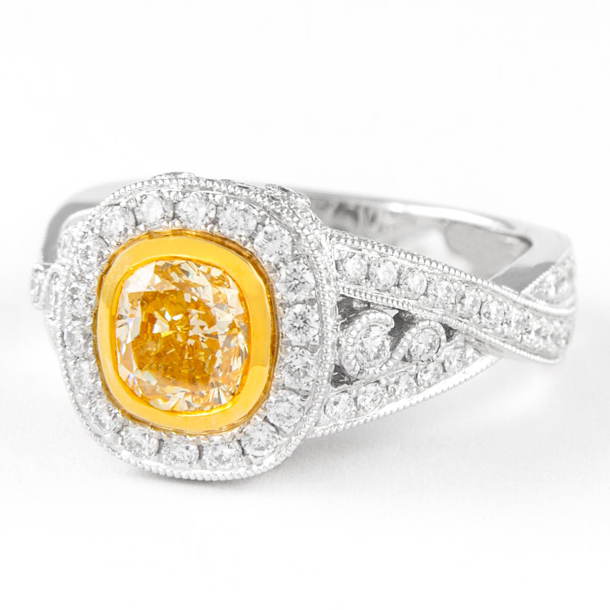Contemporary Alexander 1.31ct Fancy Intense Yellow Cushion Diamond with Halo Ring 18k Two Ton For Sale