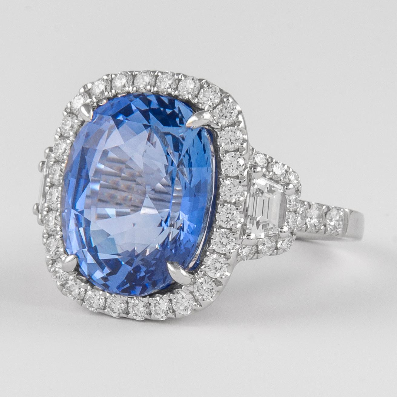 Contemporary Alexander GIA 13.20 Carat Ceylon Sapphire with Diamond Three Stone Halo Ring 18k For Sale