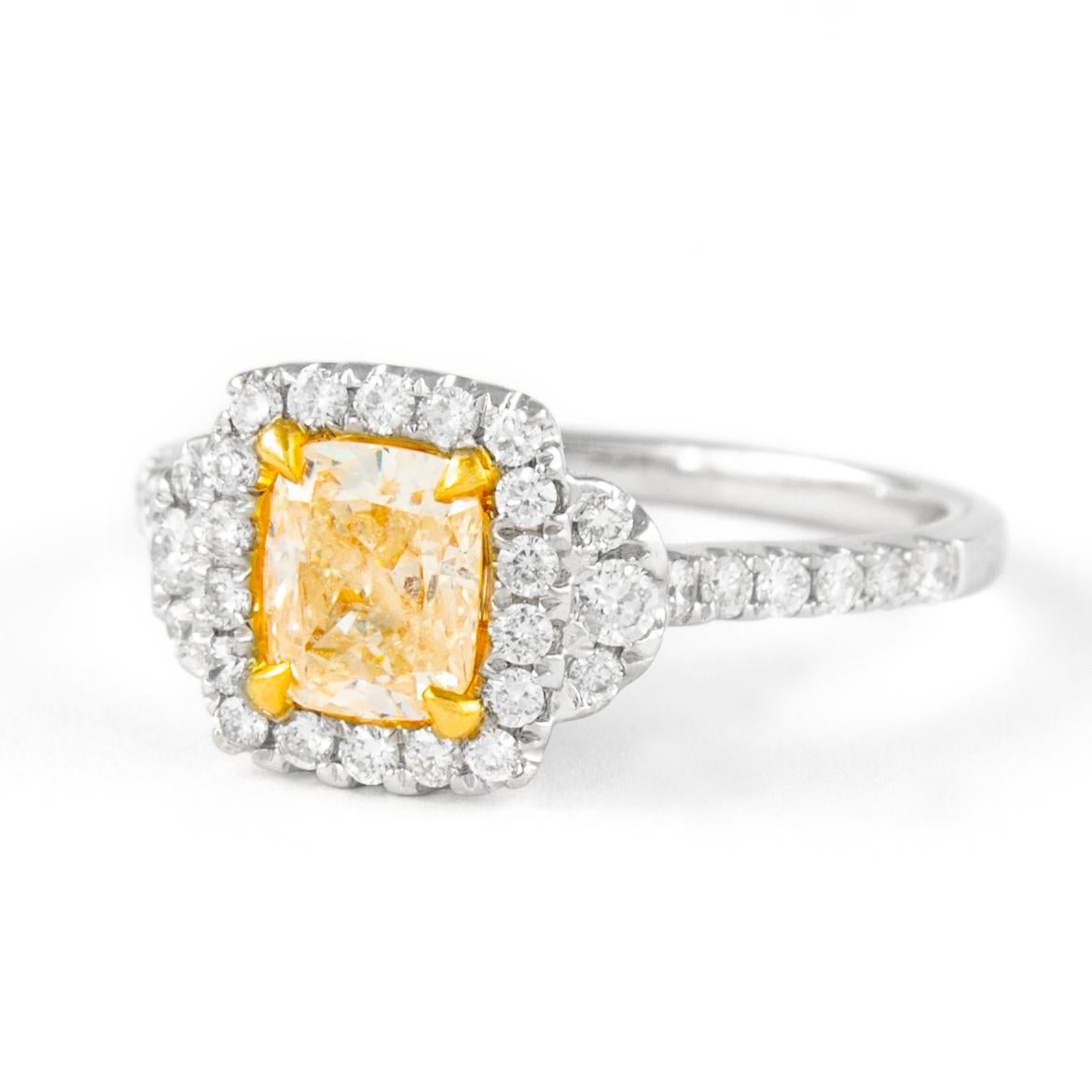 Contemporary Alexander 1.38ctt Fancy Yellow Cushion Diamond with Halo Ring 18k Two Tone For Sale