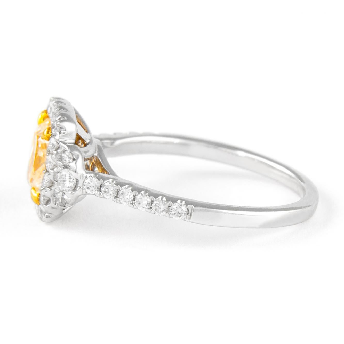 Cushion Cut Alexander 1.38ctt Fancy Yellow Cushion Diamond with Halo Ring 18k Two Tone For Sale
