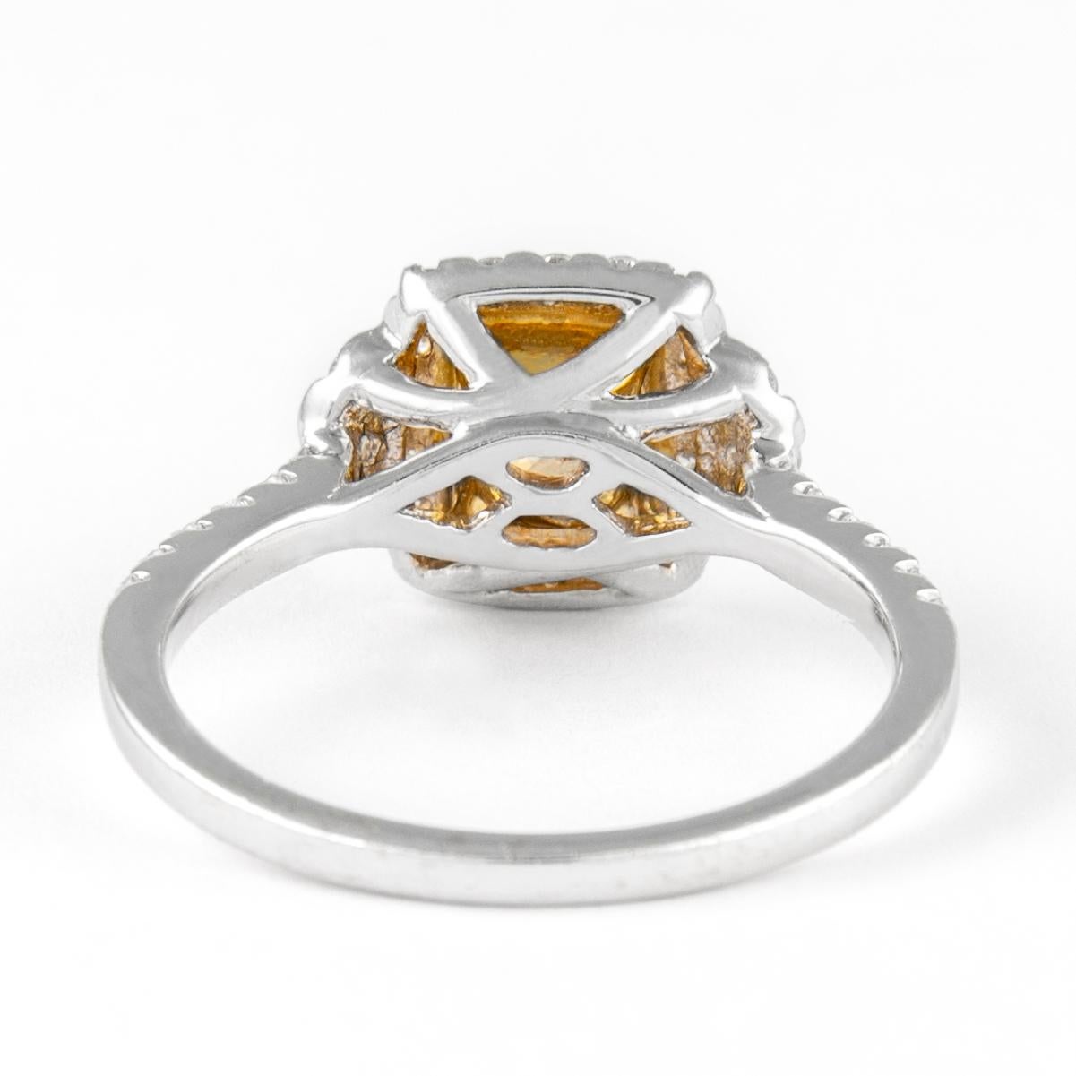 Alexander 1.38ctt Fancy Yellow Cushion Diamond with Halo Ring 18k Two Tone In New Condition For Sale In BEVERLY HILLS, CA