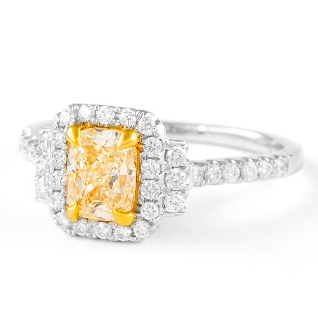 Contemporary Alexander 1.39ctt Fancy Yellow VS2 Cushion Diamond with Halo Ring 18k Two Tone For Sale