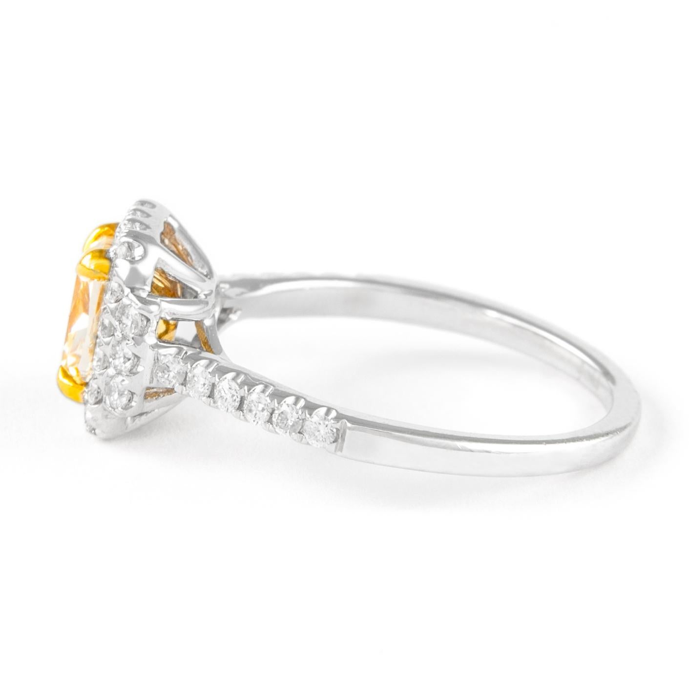 Cushion Cut Alexander 1.39ctt Fancy Yellow VS2 Cushion Diamond with Halo Ring 18k Two Tone For Sale