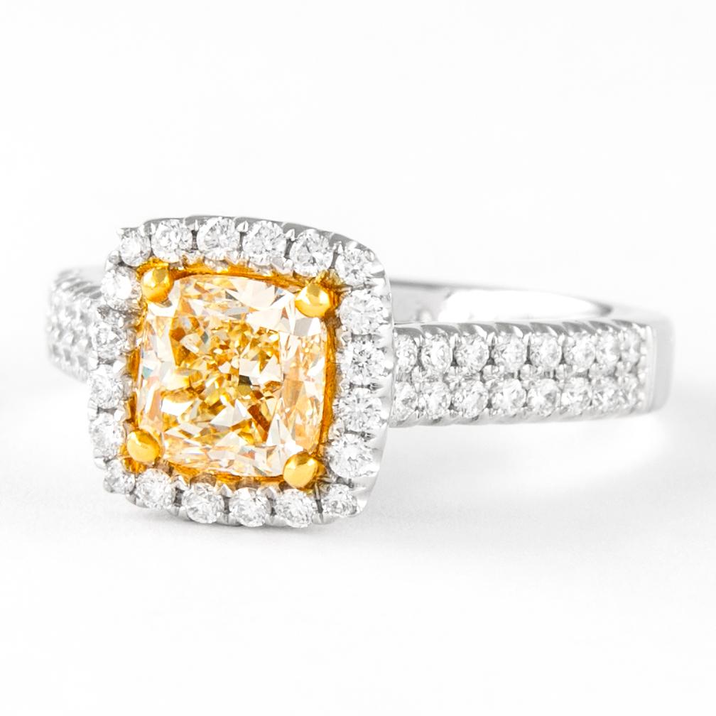 Contemporary Alexander 1.41ct Fancy Intense Yellow Cushion VVS2 Diamond with Halo Ring 18k For Sale