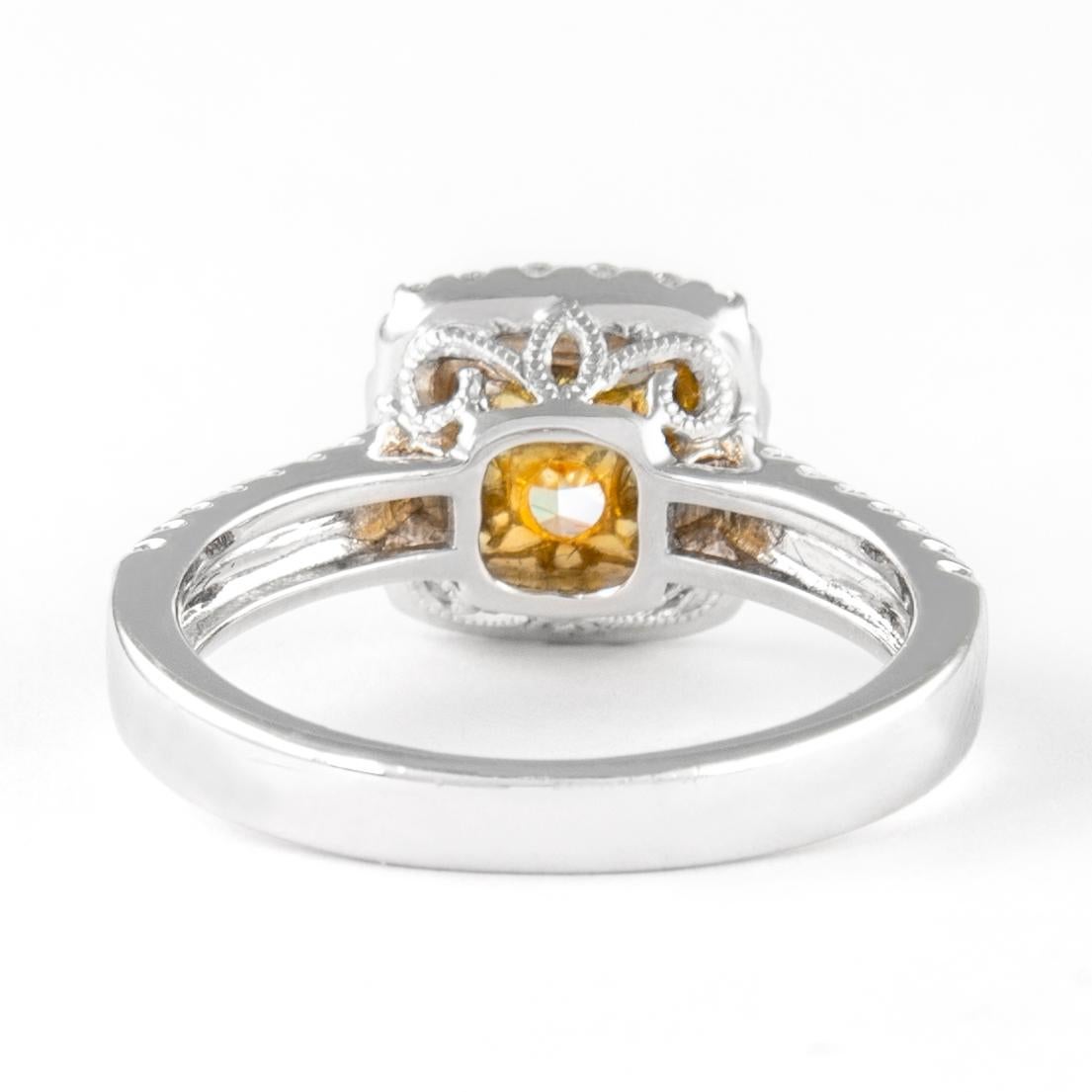 Alexander 1.41ct Fancy Intense Yellow Cushion VVS2 Diamond with Halo Ring 18k In New Condition For Sale In BEVERLY HILLS, CA