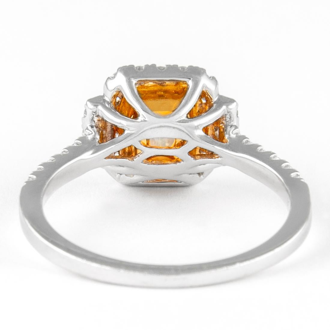 Alexander 1.42ctt Fancy Yellow Cushion Diamond with Halo Ring 18k Two Tone In New Condition For Sale In BEVERLY HILLS, CA