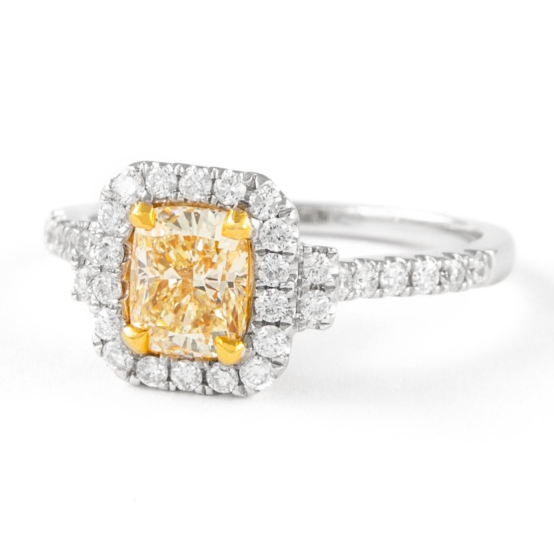 Contemporary Alexander 1.47ctt Fancy Yellow Cushion Diamond with Halo Ring 18k Two Tone For Sale