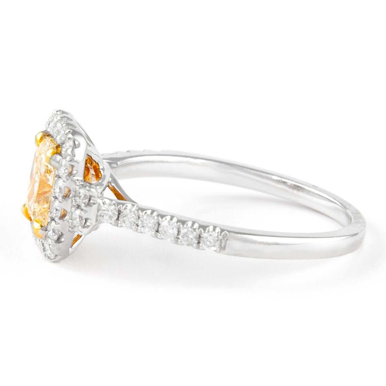 Cushion Cut Alexander 1.47ctt Fancy Yellow Cushion Diamond with Halo Ring 18k Two Tone For Sale