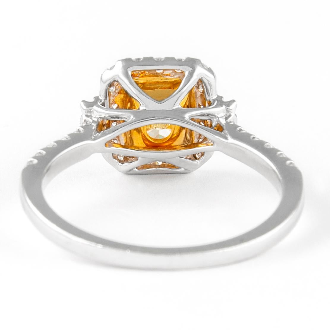 Alexander 1.47ctt Fancy Yellow Cushion Diamond with Halo Ring 18k Two Tone In New Condition For Sale In BEVERLY HILLS, CA