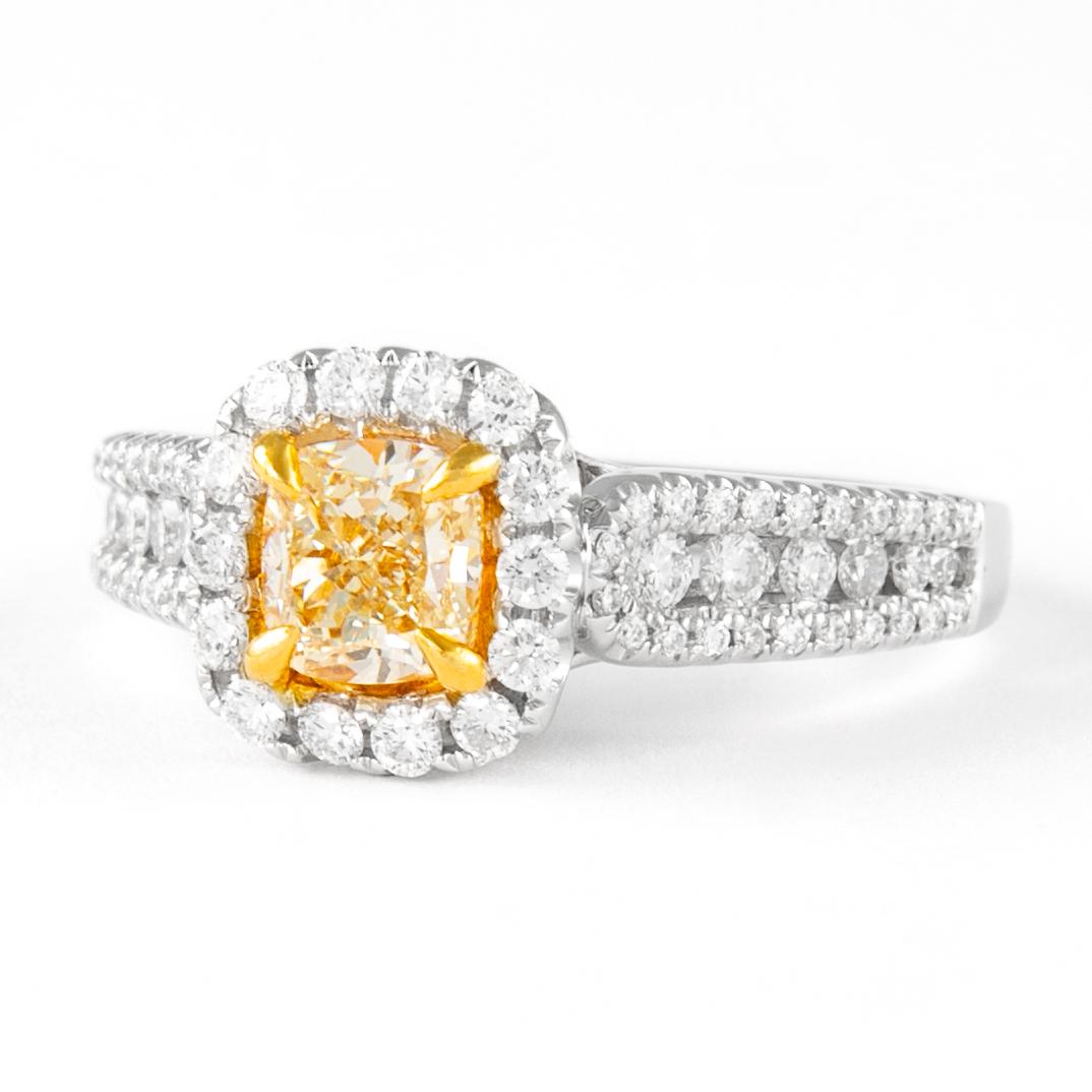 Contemporary Alexander 1.47ctt Fancy Yellow Cushion VS1 Diamond with Halo Ring 18k Two Tone For Sale