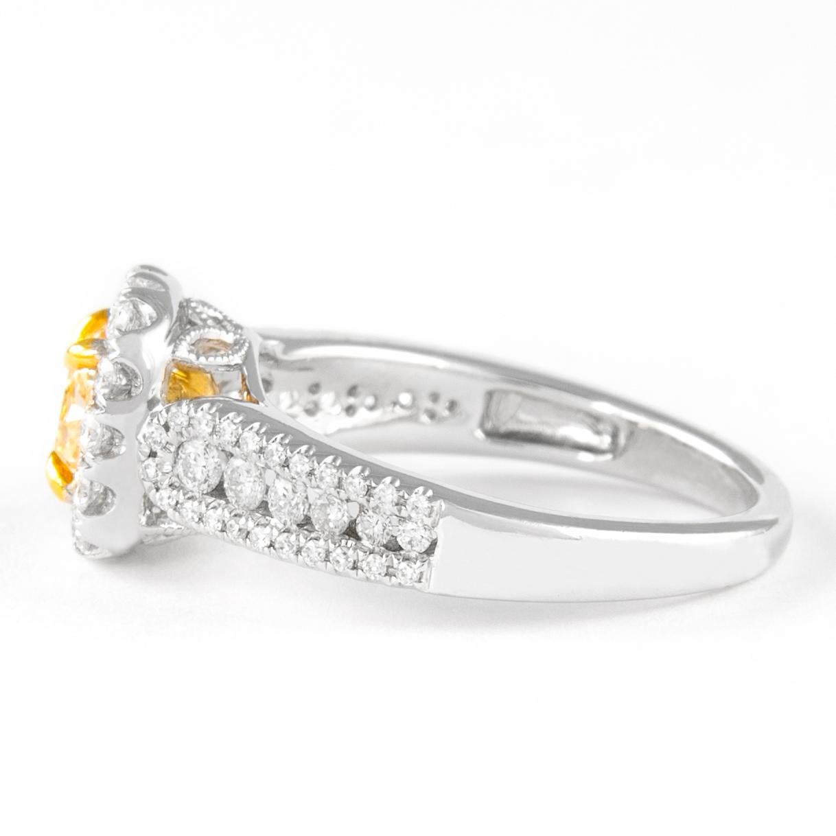 Cushion Cut Alexander 1.47ctt Fancy Yellow Cushion VS1 Diamond with Halo Ring 18k Two Tone For Sale