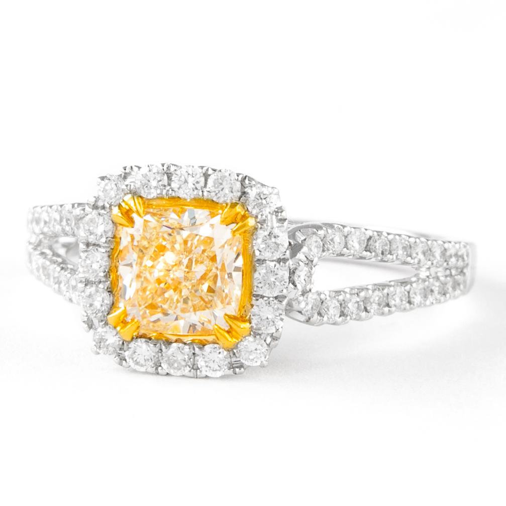 Contemporary Alexander 1.48ctt Fancy Yellow VS1 Cushion Diamond with Halo Ring 18k Two Tone For Sale