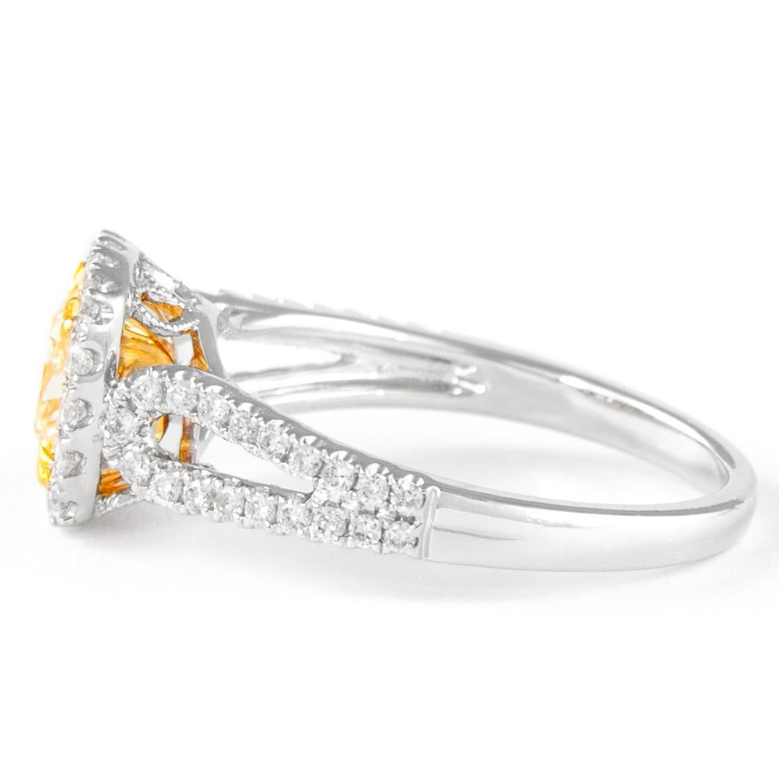 Cushion Cut Alexander 1.48ctt Fancy Yellow VS1 Cushion Diamond with Halo Ring 18k Two Tone For Sale