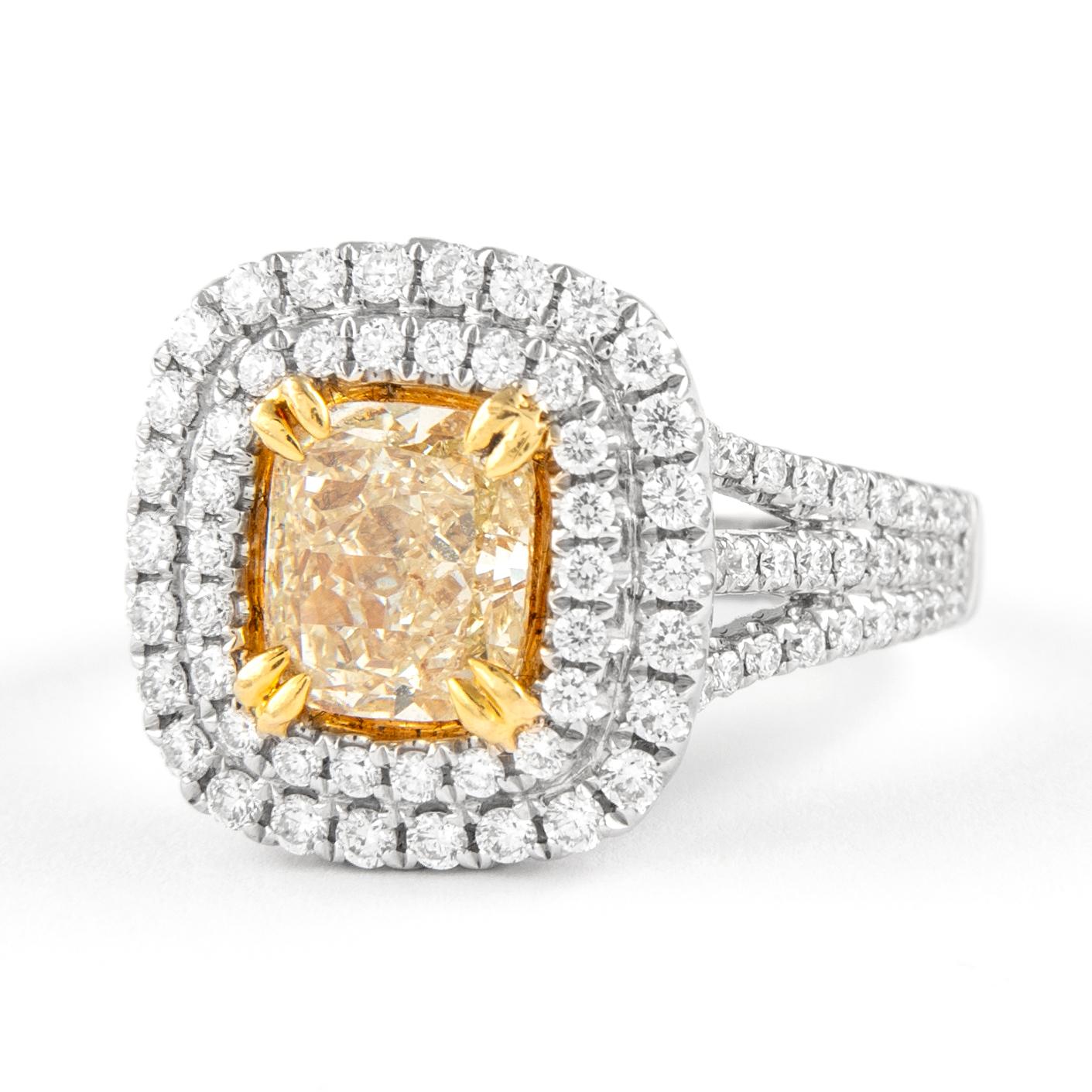 Contemporary Alexander 1.50ct Fancy Yellow Diamond Double Halo Ring 18k Two Tone For Sale