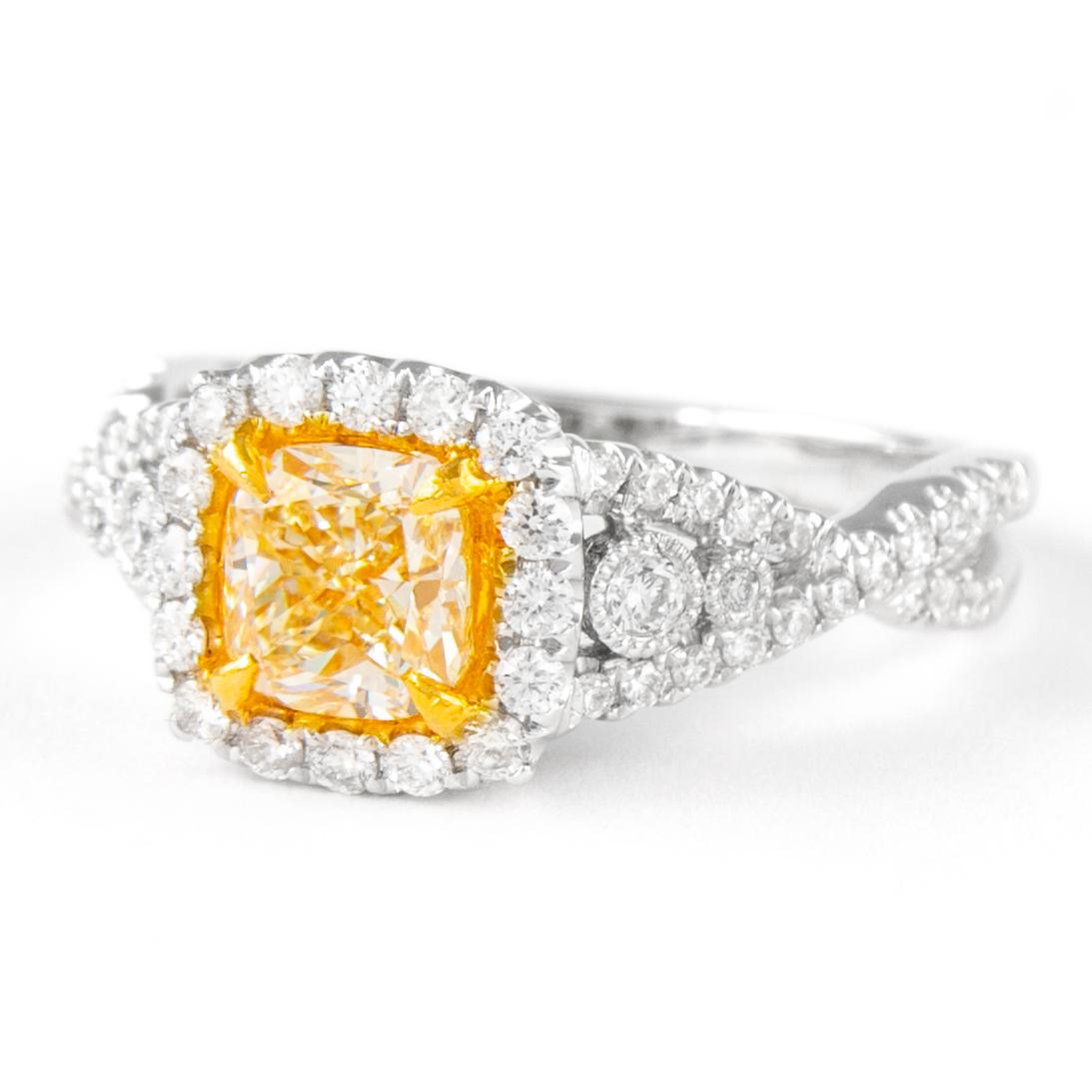 Contemporary Alexander 1.50ctt Fancy Yellow VS2 Cushion Diamond with Halo Ring 18k Two Tone For Sale