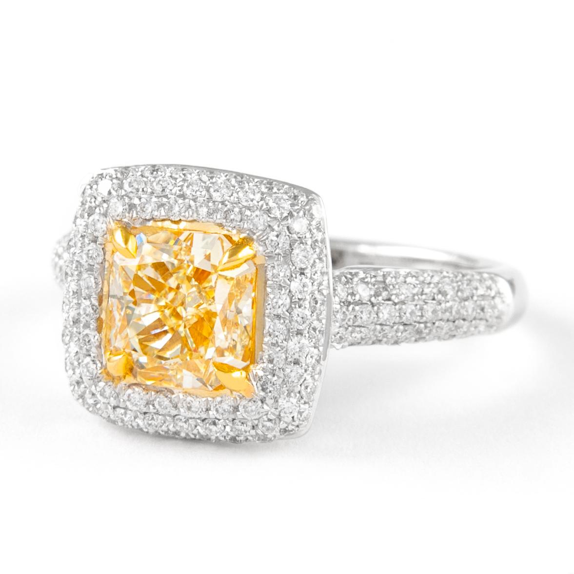 Contemporary Alexander 1.51ct Fancy Intense Yellow VS2 Radiant Diamond with Halo Ring 18k For Sale