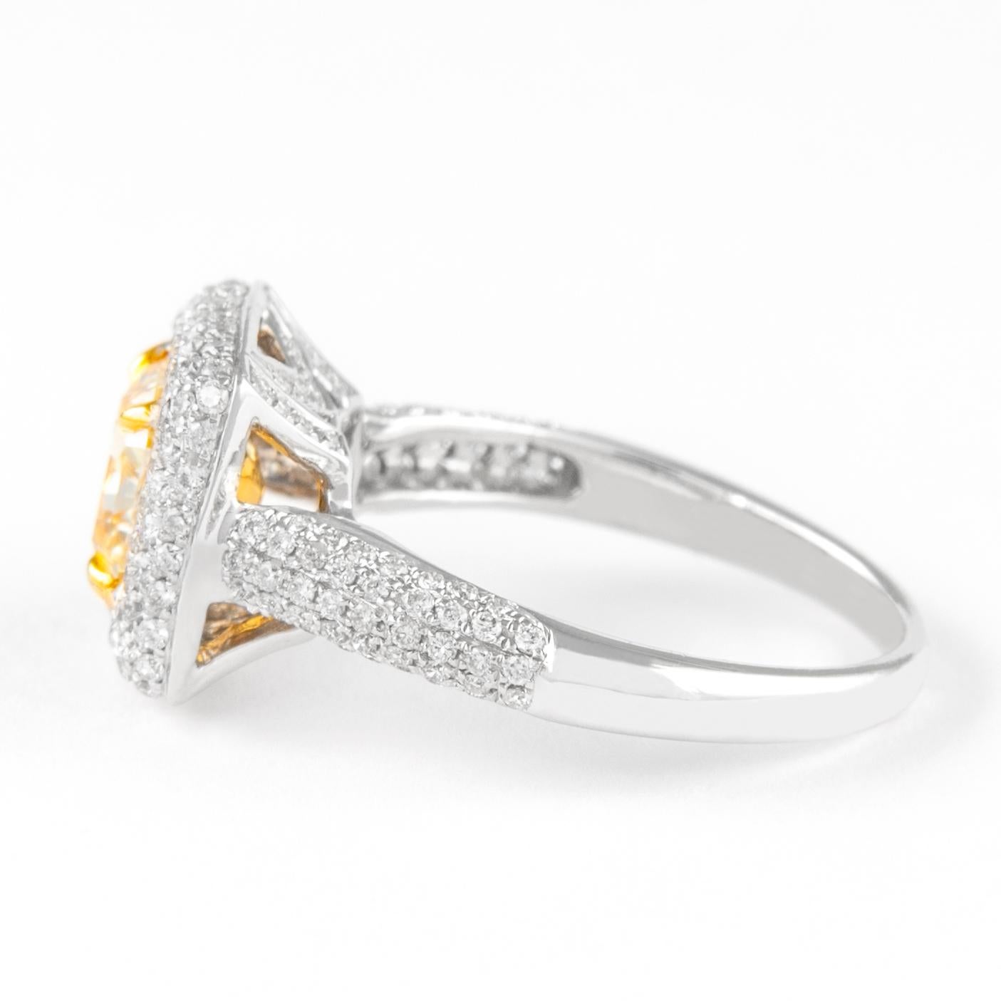 Radiant Cut Alexander 1.51ct Fancy Intense Yellow VS2 Radiant Diamond with Halo Ring 18k For Sale