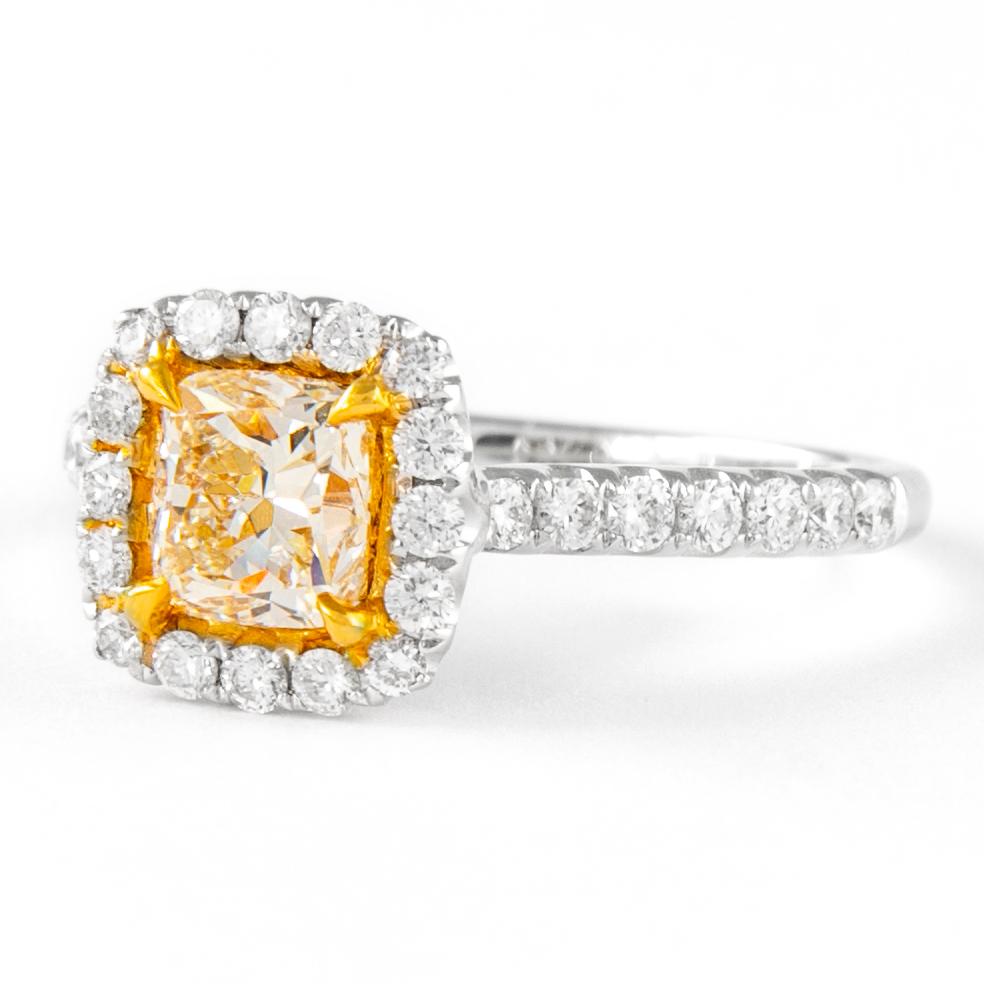 Contemporary Alexander 1.51ctt Fancy Light Yellow VS1 Cushion Diamond with Halo Ring 18k For Sale