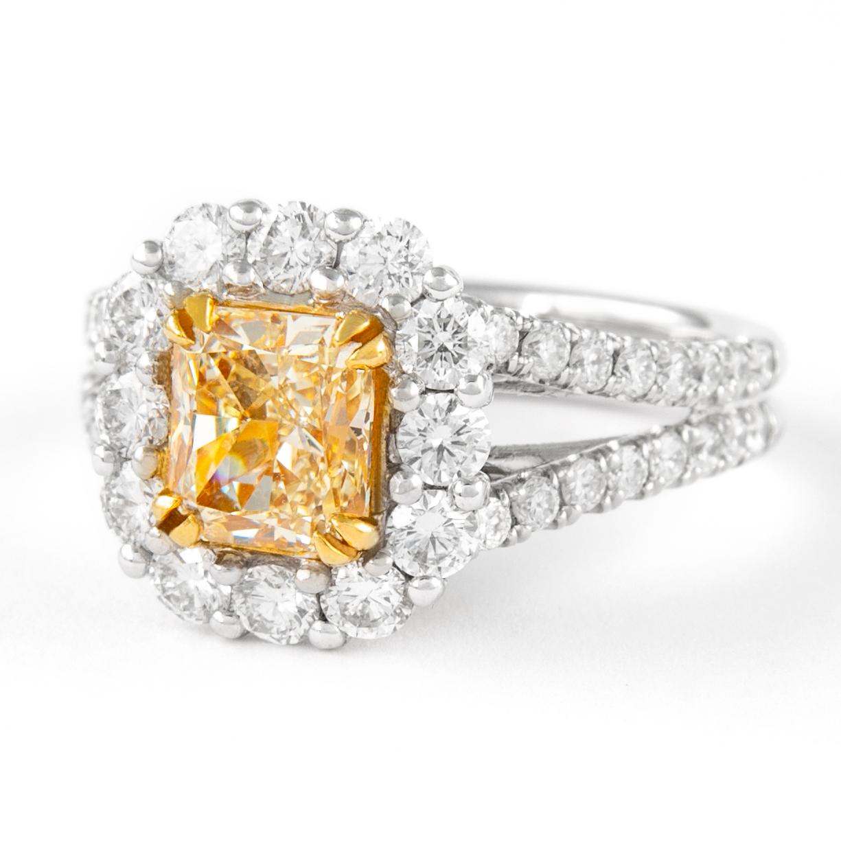 Contemporary Alexander 1.52ct Fancy Intense Yellow VS2 Radiant Diamond with Halo Ring 18k For Sale