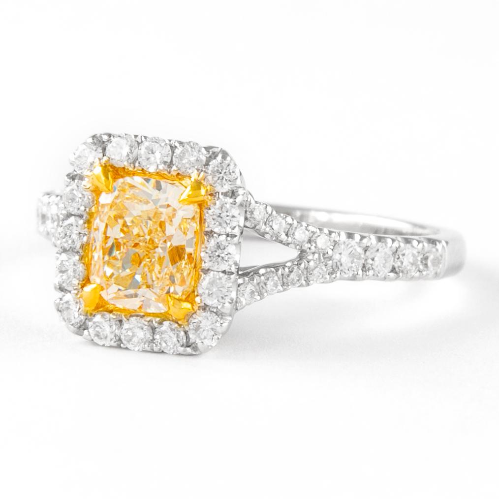 Contemporary Alexander 1.52ctt Fancy Light Yellow Cushion Diamond with Halo Ring 18k Two Tone For Sale
