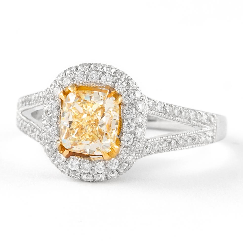 Contemporary Alexander 1.55ctt Fancy Yellow Cushion VVS1 Diamond with Halo Ring 18k Two Tone For Sale
