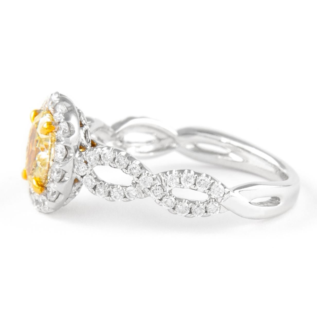 Contemporary Alexander 1.56ctt Fancy Intense Yellow Oval Diamond with Halo Ring 18k For Sale