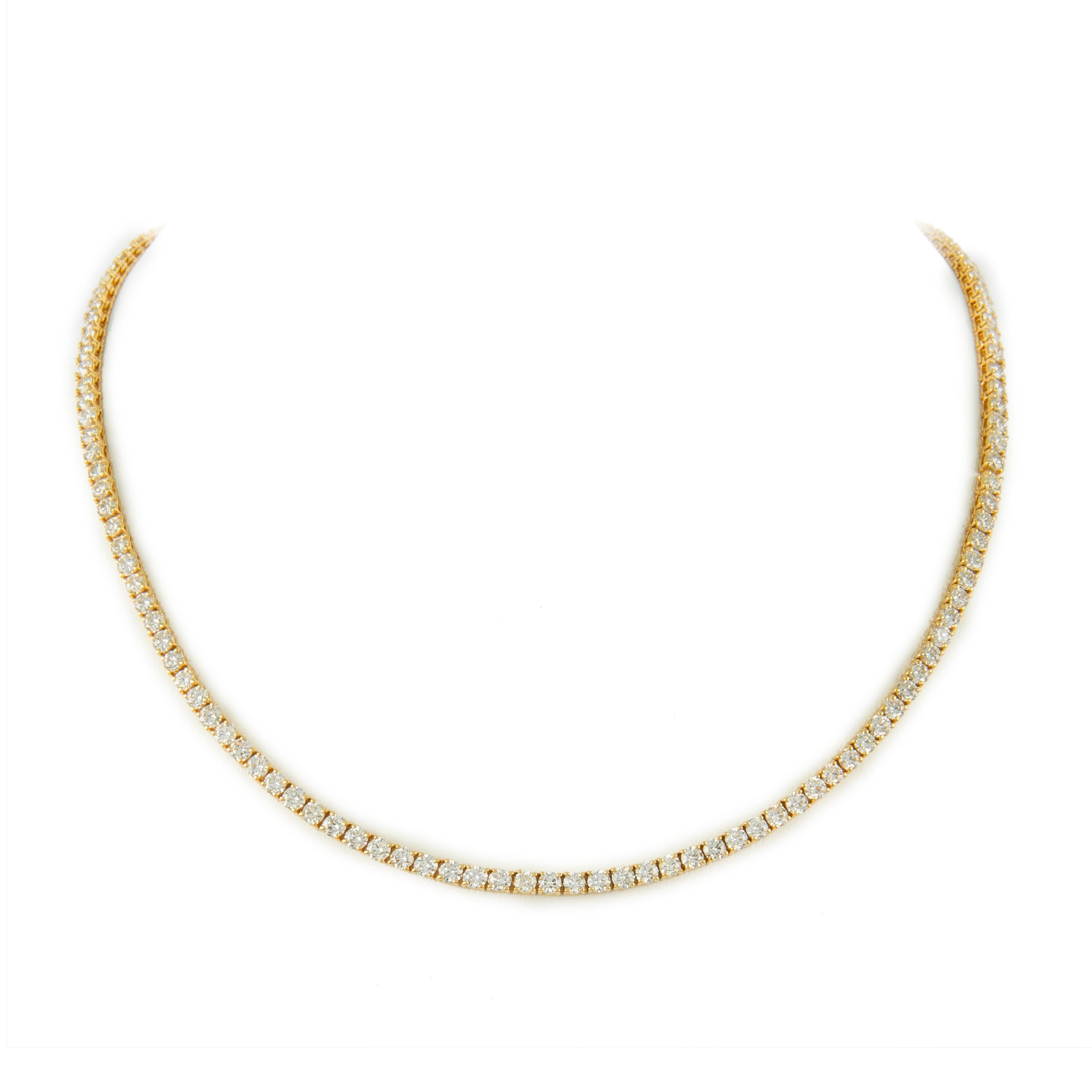 Round Cut Alexander 15.84 Carat Diamond Tennis Necklace 18 Karat Yellow Gold For Sale