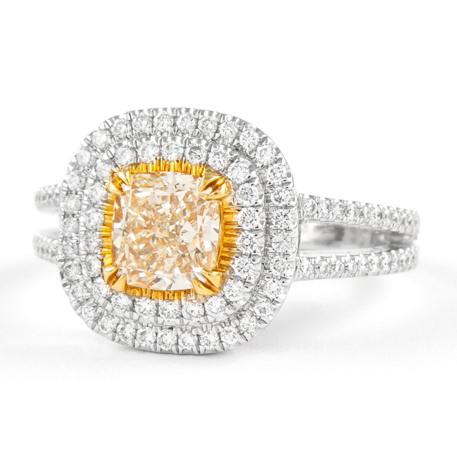 Contemporary Alexander 1.58ctt Fancy Yellow VS2 Diamond Double Halo Ring 18k Two Tone For Sale
