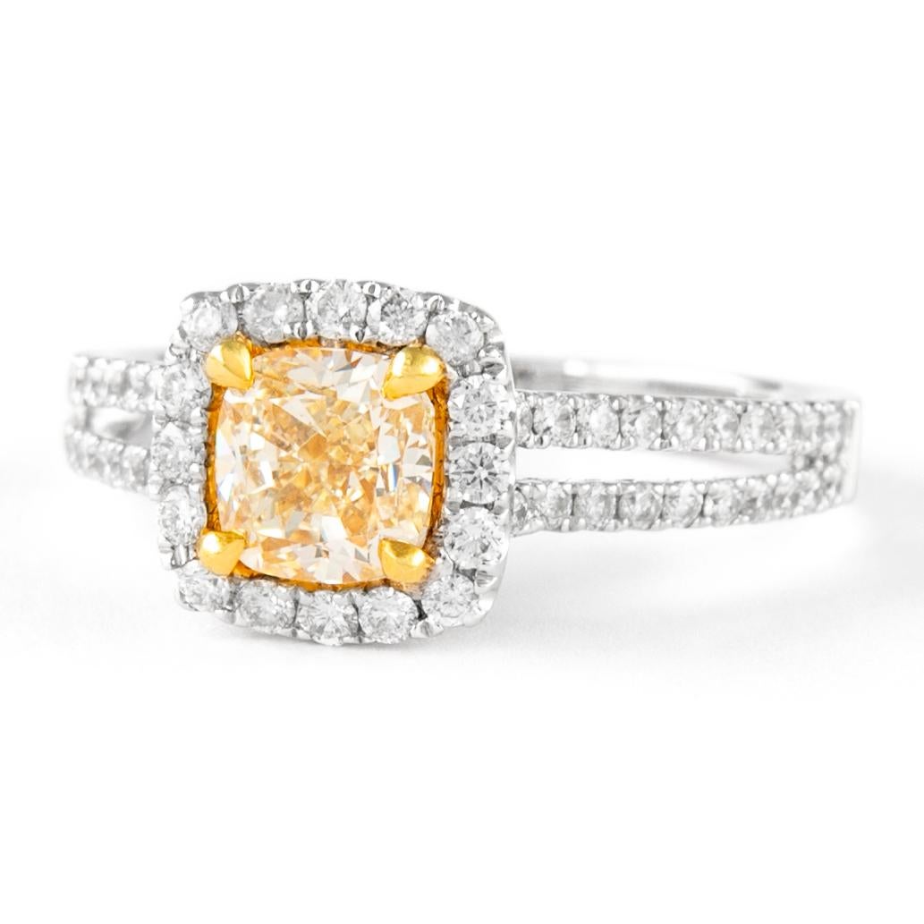 Contemporary Alexander 1.59ctt Fancy Yellow Cushion Diamond with Halo Ring 18k Two Tone For Sale