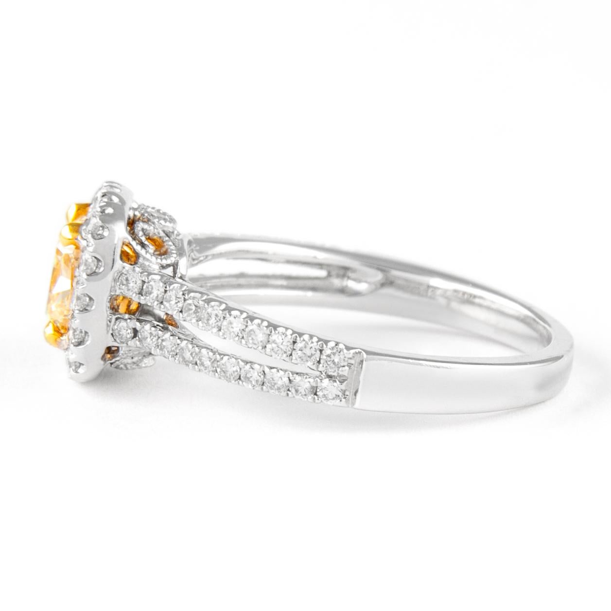 Cushion Cut Alexander 1.59ctt Fancy Yellow Cushion Diamond with Halo Ring 18k Two Tone For Sale