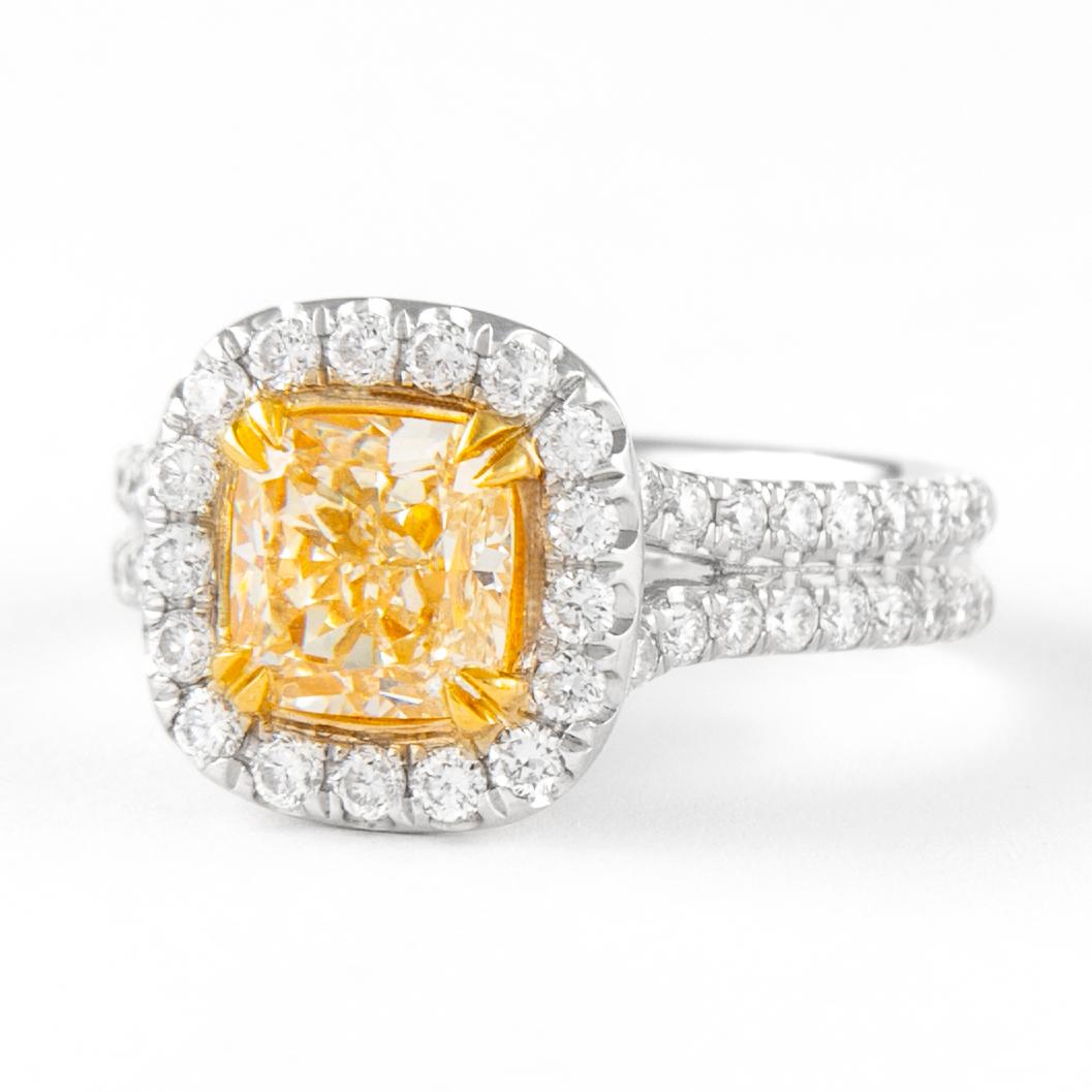 Contemporary Alexander 1.60ct Fancy Intense Yellow VS1 Cushion Diamond with Halo Ring 18k  For Sale