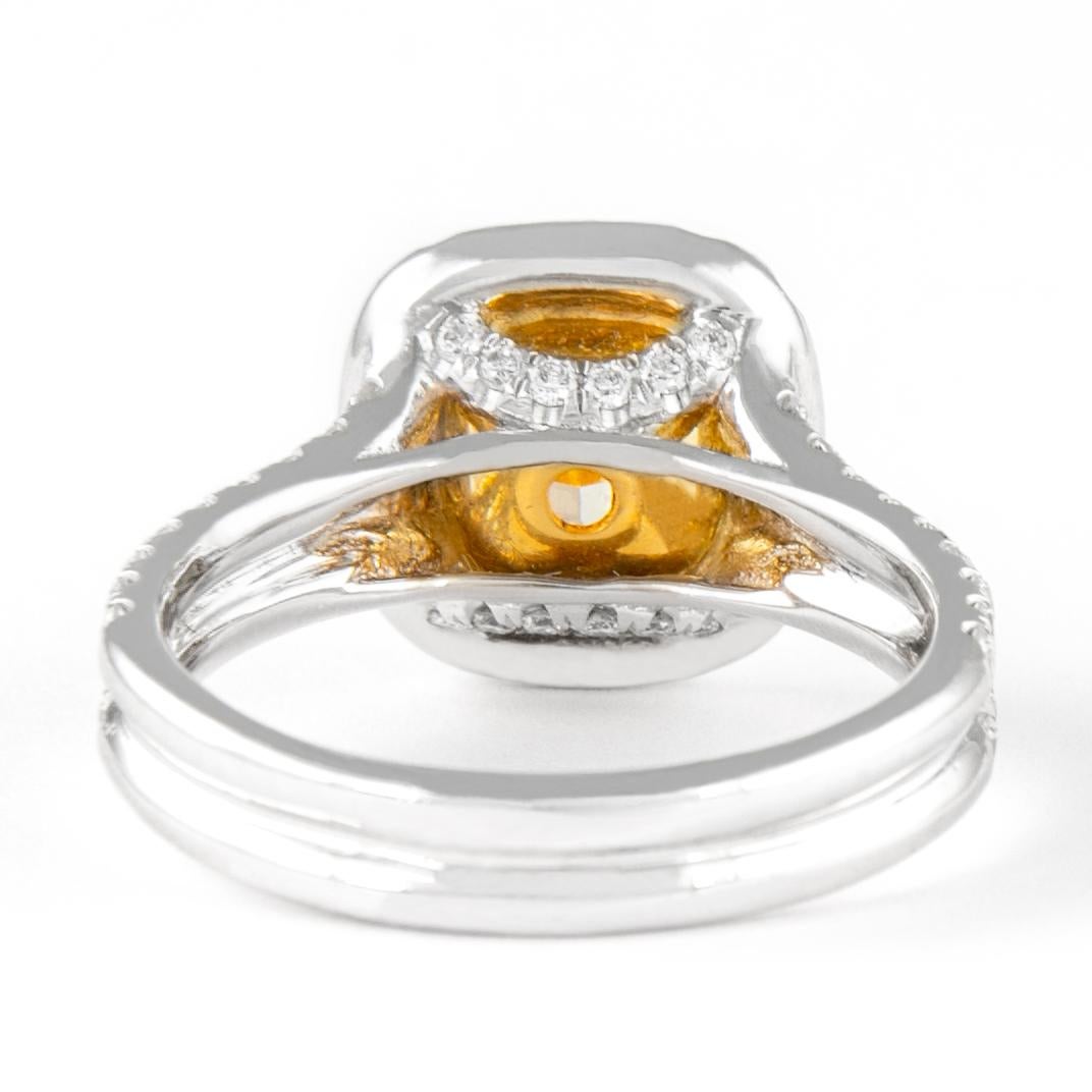 Alexander 1.60ct Fancy Intense Yellow VS1 Cushion Diamond with Halo Ring 18k  In New Condition For Sale In BEVERLY HILLS, CA