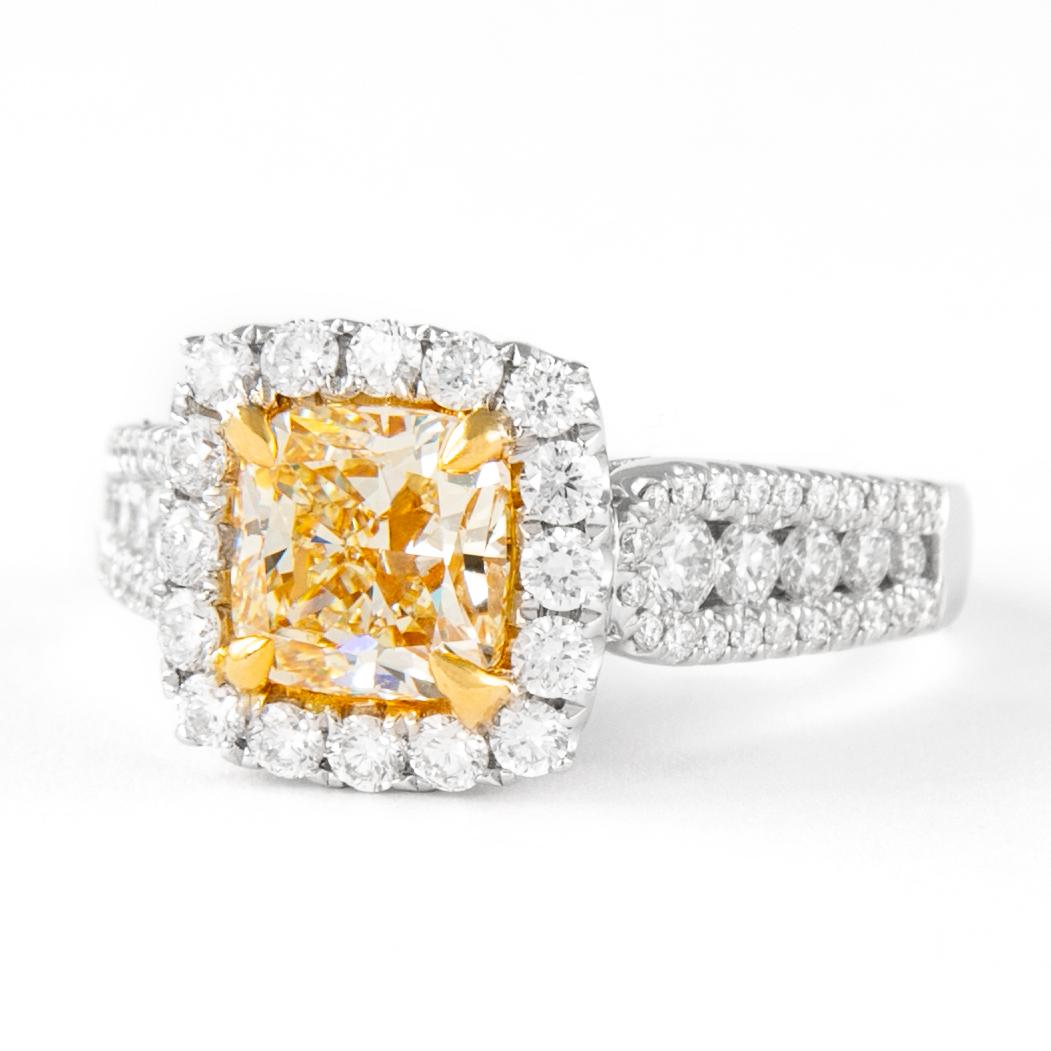 Contemporary Alexander 1.61ct Fancy Intense Yellow VS1 Cushion Diamond with Halo Ring 18k For Sale