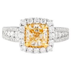 Alexander 1.61ct Fancy Intense Yellow VS1 Cushion Diamond with Halo Ring 18k