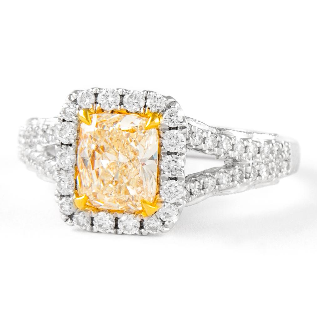 Contemporary Alexander 1.61ctt Fancy Light Yellow Cushion Diamond with Halo Ring 18k Two Tone For Sale