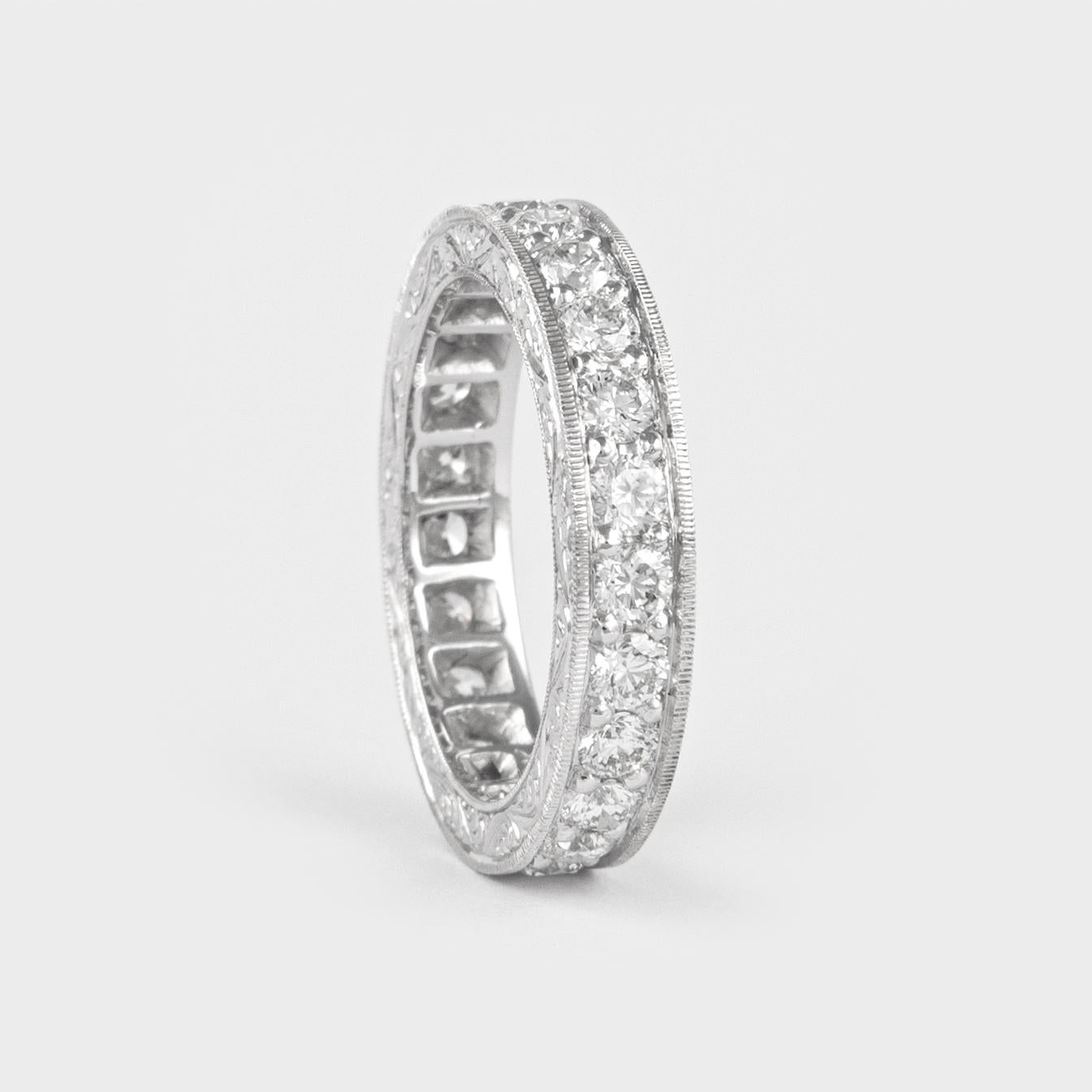 Round Cut Alexander 1.62 Carat Diamond Eternity Band 18k White Gold with Filigree Work For Sale