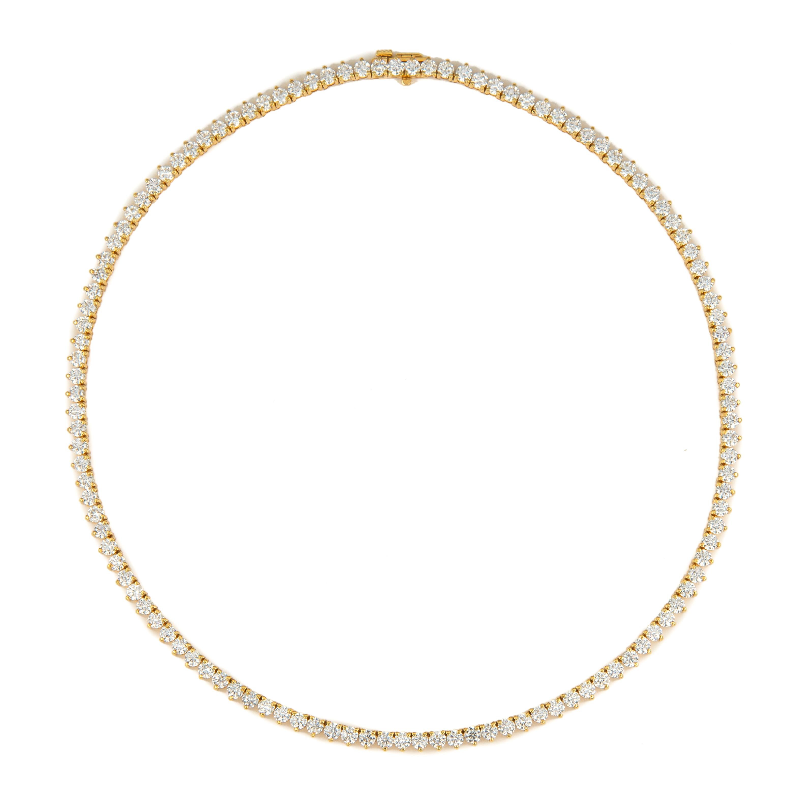 Contemporary Alexander 16.25 Carat Diamond Tennis Necklace 18k Yellow Gold 3-Prong Set For Sale