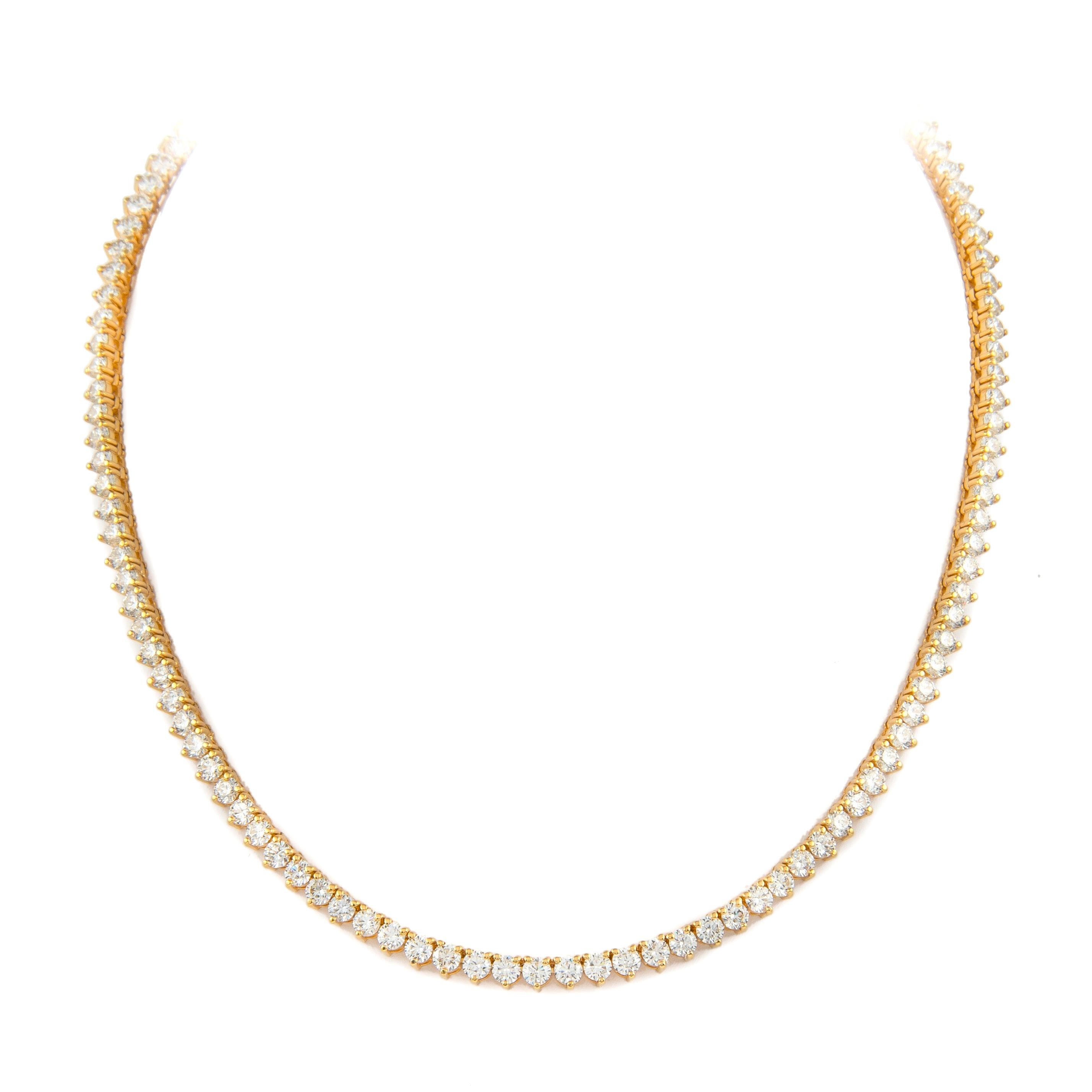 Round Cut Alexander 16.25 Carat Diamond Tennis Necklace 18k Yellow Gold 3-Prong Set For Sale